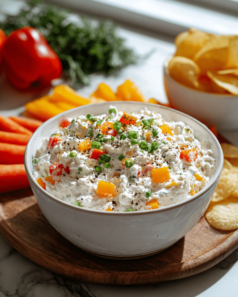 A white bowl filled with creamy cottage cheese mixed with small cubes of orange and red bell peppers, topped with chopped green onions and a sprinkle of black pepper, showing a thick, chunky texture. The bowl is placed on a round wooden board, with the background featuring whole carrots, green herbs, and a white bowl of potato chips, all set on a white marbled surface near a bright window. photo taken with an iphone --ar 4:5 --v 7