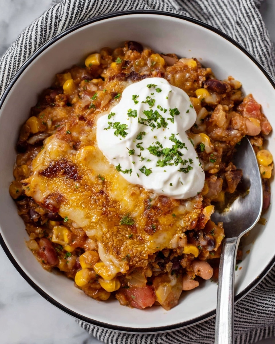 The dish is served in a round white bowl with a thin black rim, placed on a white marbled surface with a striped cloth under it. It has multiple layers starting with a base of beans and corn mixed with small chunks of tomato, topped with melted golden brown cheese that shows some crispy, slightly charred spots. Over the cheese, there is a dollop of white sour cream, garnished with small green herb pieces. There is a silver spoon resting inside the bowl on the right side. photo taken with an iphone --ar 4:5 --v 7