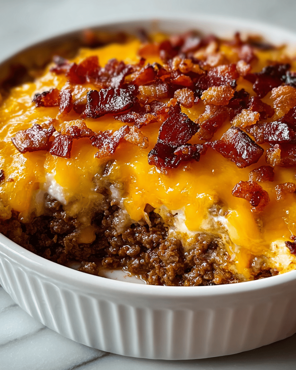 The dish is served in a white round ceramic bowl, placed on a white marbled surface. The bottom layer is browned ground beef with a coarse texture and rich brown color. Above this layer, there is melted white cheese, soft and creamy, blending into the beef. On top of the cheese is a thick, even layer of golden yellow melted cheddar cheese with a shiny, slightly oily surface. Scattered on the very top are crispy bacon pieces, reddish-brown with a crunchy texture and some darker charred edges. The focus is close-up, showing the layers and textures clearly. Photo taken with an iphone --ar 4:5 --v 7
