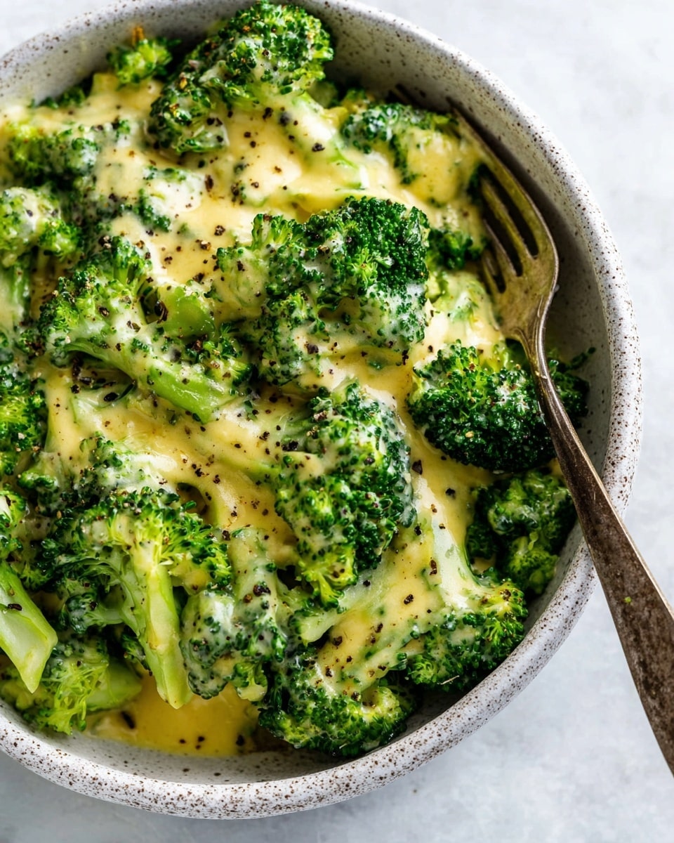 A close-up view of a white speckled bowl filled with bright green broccoli florets covered in a creamy light yellow cheese sauce, sprinkled with cracked black pepper. The broccoli pieces have thick stalks and a fresh texture, while the cheese sauce coats them smoothly in uneven patches. A rustic silver fork is partially dipped into the dish from the top left corner, resting inside the bowl. The bowl sits on a white marbled surface, giving a clean and fresh look. photo taken with an iphone --ar 4:5 --v 7