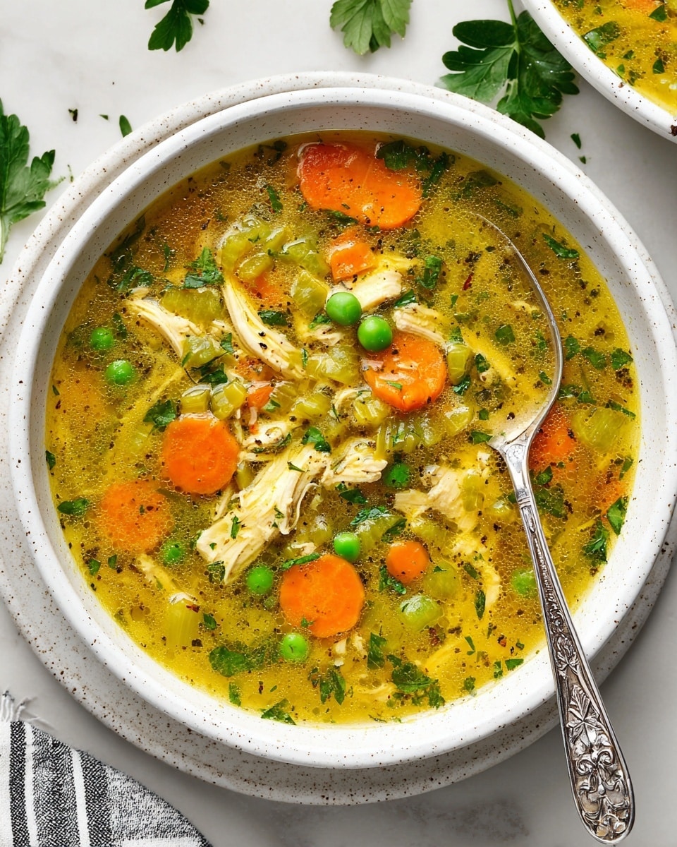 A white bowl full of chicken soup with visible layers showing bright orange carrot slices, scattered green peas, shredded pieces of light yellow chicken, and translucent celery slices in a yellow broth speckled with chopped green herbs and black pepper; a silver spoon with an ornate handle rests inside the bowl, which sits on a white speckled plate over a white marbled surface with some parsley leaves and a black-and-white striped cloth nearby. photo taken with an iphone --ar 4:5 --v 7