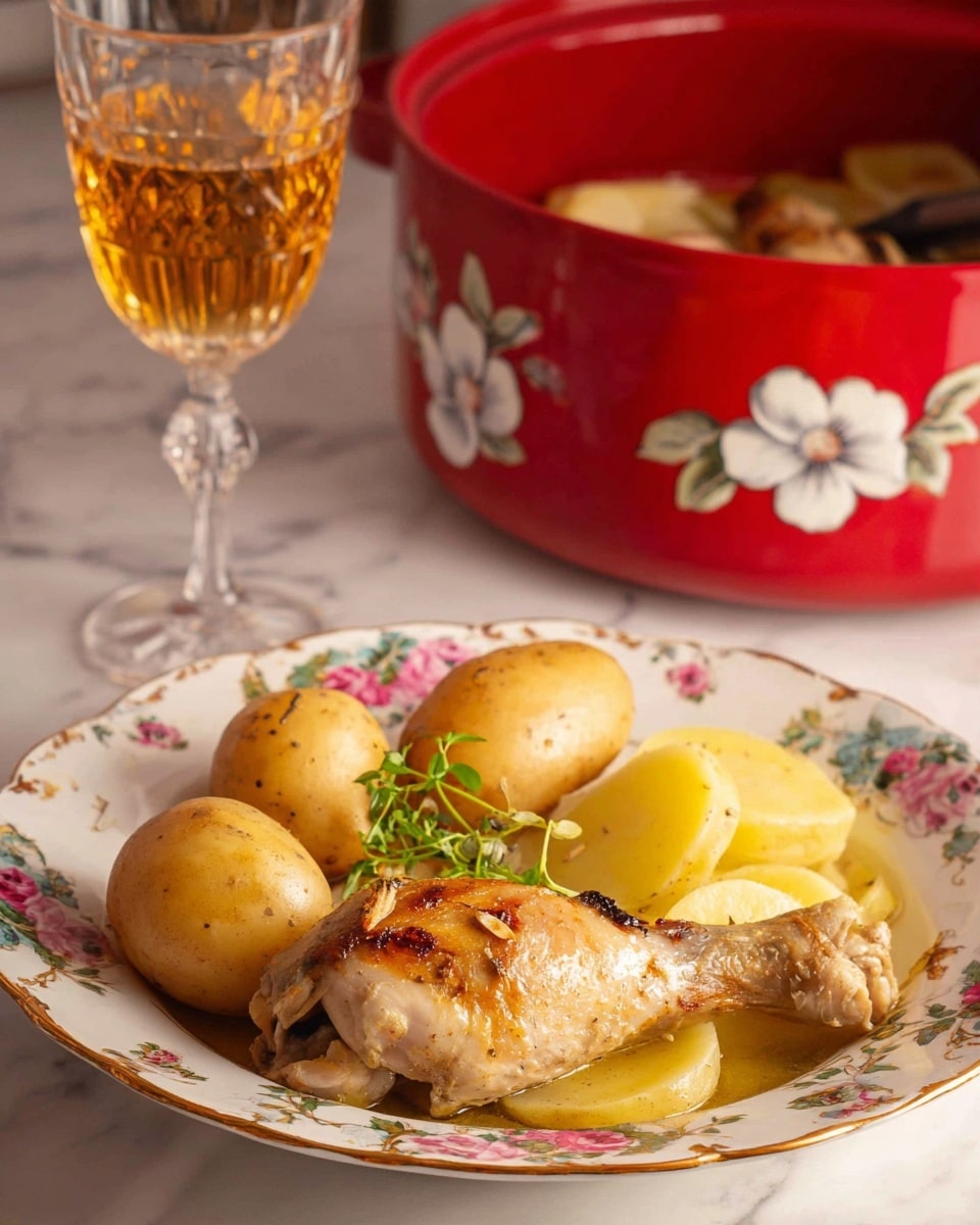 The image shows a white plate with floral patterns around the edge, holding a meal with three main layers: two whole light brown potatoes with smooth skin at the back, a roasted chicken drumstick with a golden-brown surface and visible spices placed in the center, and thinly sliced cooked potatoes with a pale yellow color layered around the chicken. A small sprig of green herb lays on top as garnish. Behind the plate, there is a glass of golden amber liquid with a clear stem on a white marbled surface. In the background, partially visible, is a red pot with a large white flower design and some cooked food inside. Photo taken with an iphone --ar 4:5 --v 7