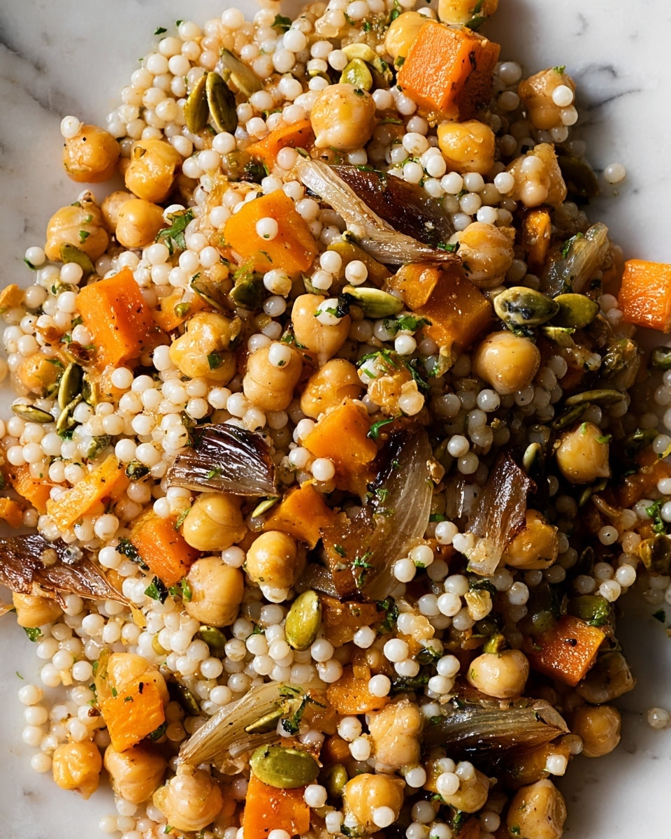 A close-up view of a mixed grain and vegetable dish showing three main layers: small, round, pearl-like grains that are pale off-white and slightly shiny, scattered evenly throughout; golden-yellow chickpeas and bright orange cubed vegetables, possibly pumpkin or squash, sprinkled all over; and lightly browned, caramelized pieces of thinly sliced onions and some green pumpkin seeds adding texture and color contrast. The ingredients appear coated lightly in oil with small green herbs sprinkled for freshness, all presented on a white marbled surface. photo taken with an iphone --ar 4:5 --v 7