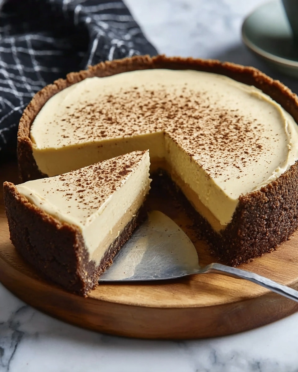 A thick three-layer pie is shown, with the bottom layer being a dark brown crumbly crust that also forms a tall edge around the pie. The middle layer is creamy and light tan, making up most of the pie's height with a smooth and firm texture. The top layer is a slightly darker tan cream spread evenly, speckled with light brown powder in the center. A slice is cut out, showing the neat layers and revealing the inside colors. The pie sits on a round wooden board with a metal pie server placed under the missing slice. The scene is set on a white marbled surface with a blurred black and white cloth in the background. Photo taken with an iphone --ar 4:5 --v 7
