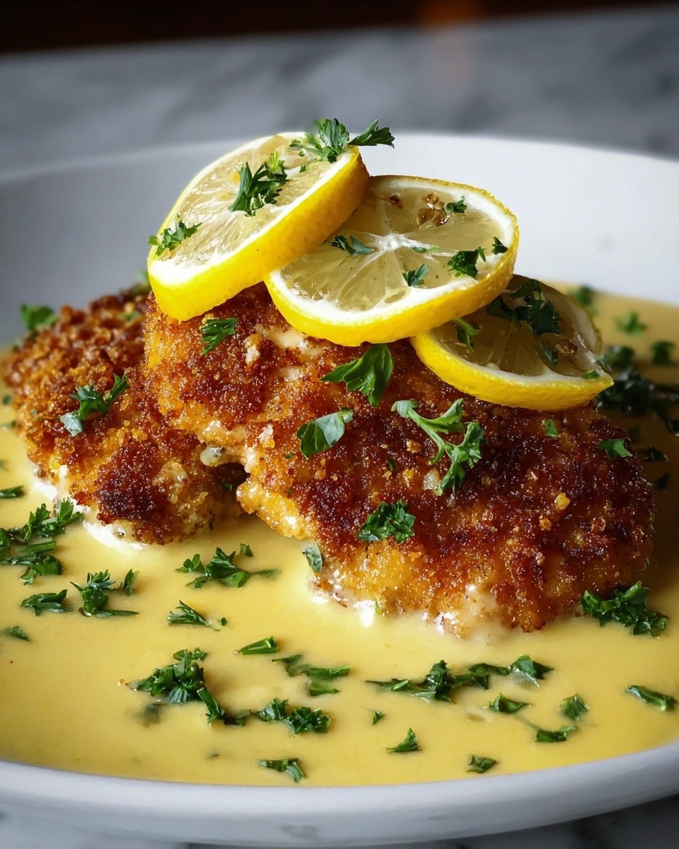 The dish shows two pieces of golden-brown, crispy fried chicken with a crunchy texture on top, lying in a pool of creamy yellow sauce that fills the bottom of a white plate. On top of the chicken, there are three thin slices of bright yellow lemon placed slightly overlapping, sprinkled with small green parsley leaves. More parsley leaves are scattered around the sauce on the plate’s surface, adding a fresh green contrast to the warm colors. The background is a white marbled texture, and the lighting highlights the crispiness and glossiness of the sauce. photo taken with an iphone --ar 4:5 --v 7