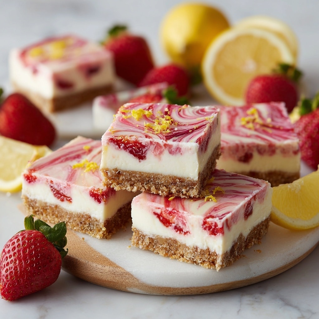 The image shows square cheesecake bars with three clear layers. The bottom layer is a crumbly light brown crust. The middle layer is thick and creamy white cheesecake. The top layer has a smooth swirl of pink and red with whole and sliced strawberries embedded, some sprinkled with yellow lemon zest. The bars are arranged on a white plate and some on a wooden surface, surrounded by fresh whole strawberries and lemon slices. The background has a clean white marbled texture. The photo taken with an iphone --ar 4:5 --v 7