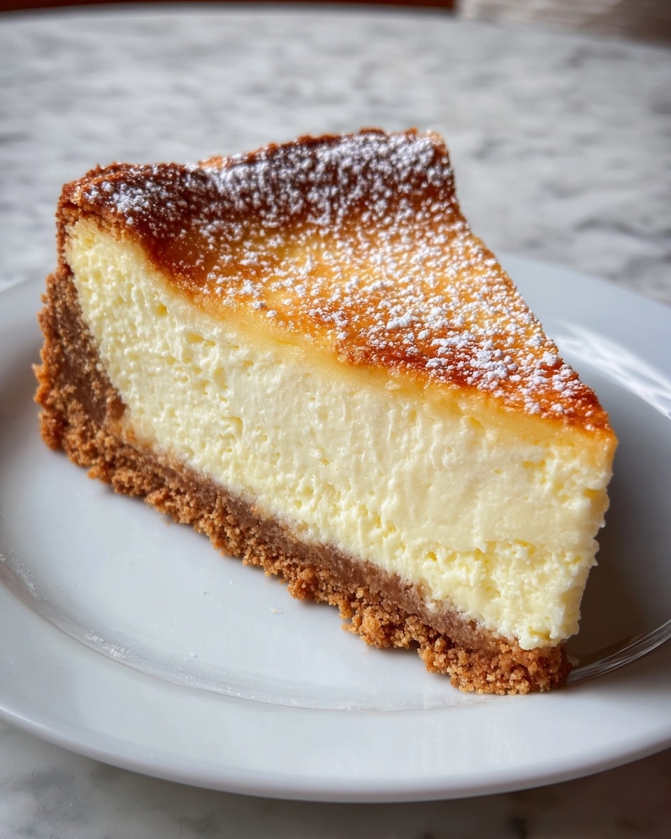 A thick slice of cheesecake sits on a white plate placed on a white marbled surface. The cheesecake has two layers: a base layer of crumbly, golden brown crust and a top creamy yellow layer that looks soft and smooth with a slightly browned top. The top surface is sprinkled lightly with white powdered sugar, which also dots some of the plate. The lighting highlights the texture and softness of the creamy layer, making it look rich and inviting. photo taken with an iphone --ar 4:5 --v 7