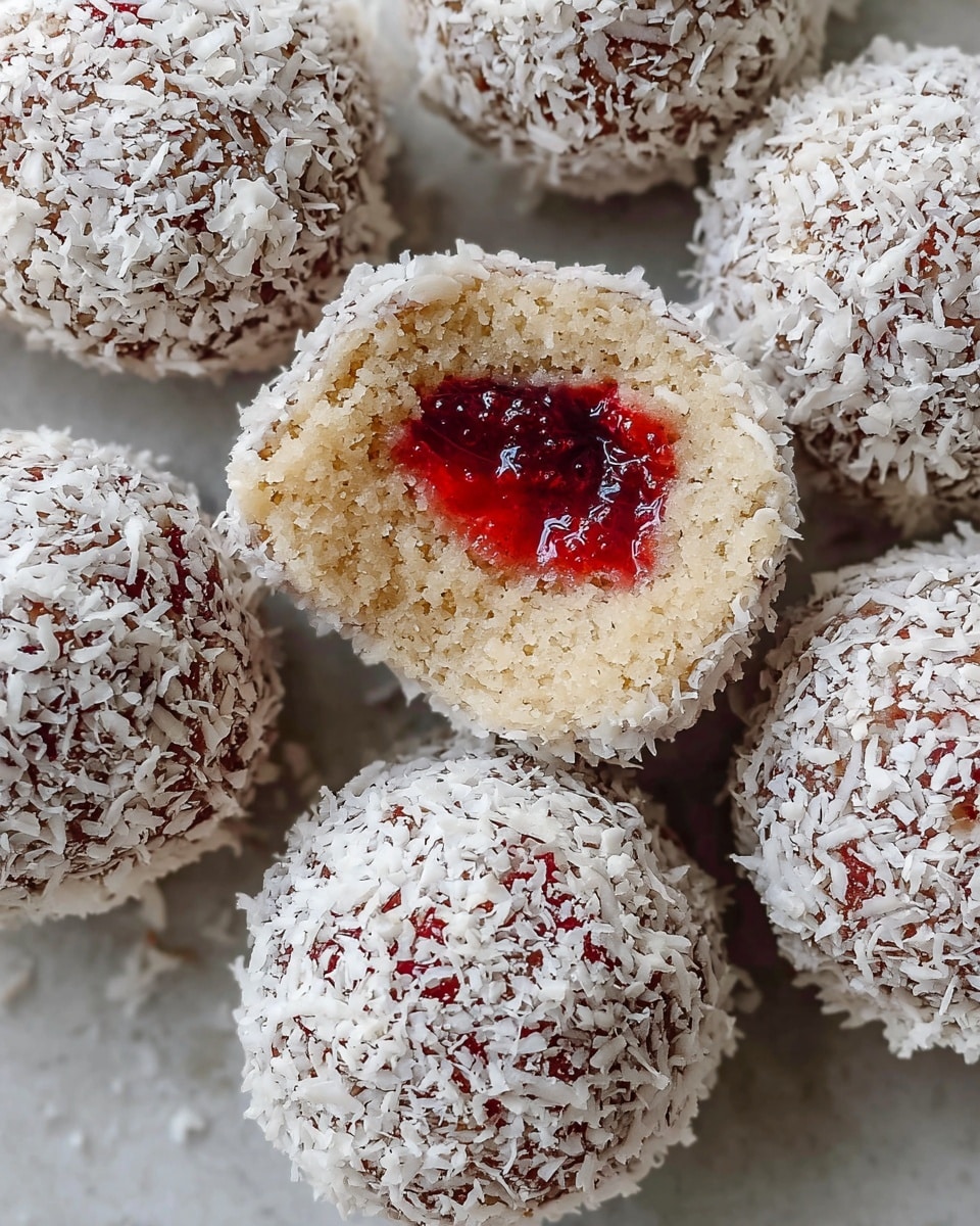 The image shows several round treats dusted with white powdered sugar, arranged closely together on a white marbled surface. One treat is cut in half, revealing three layers: a light brown crumbly exterior, a bright red jam center, and a moist middle dough layer. To the side, there is a small white bowl filled with chunky red jam, which has a glossy texture. The overall look is soft and inviting with a mix of powdery, crumbly, and gooey textures. Photo taken with an iphone --ar 4:5 --v 7