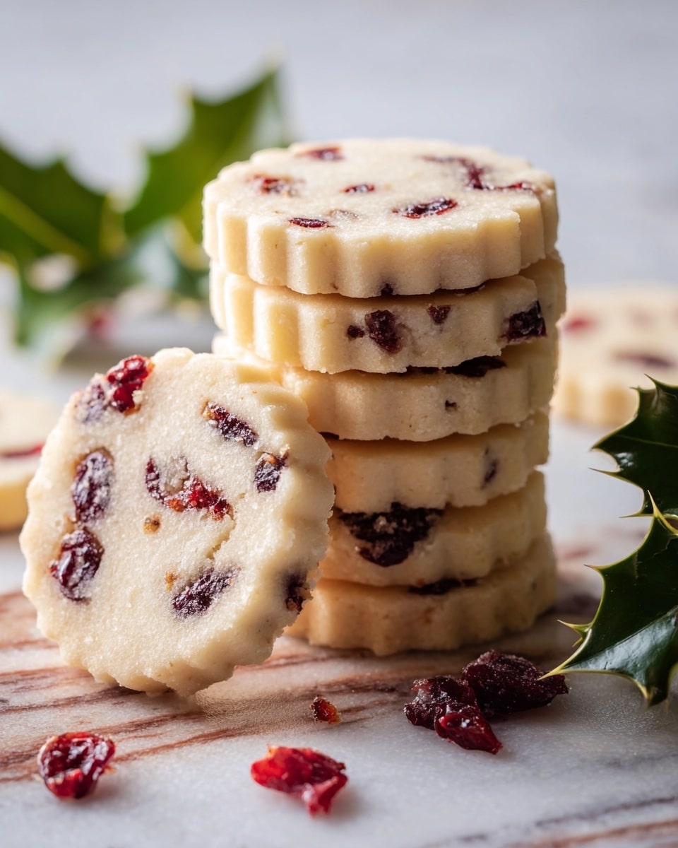 A close-up view of a stack of six round, pale beige cookies with scalloped edges, each cookie filled with visible dark red dried cranberry pieces scattered throughout the dough. In front of the stack, a single cookie is resting upright, showing its slightly rough texture and cranberry bits embedded inside. Around the cookies, additional small cranberry pieces are scattered on a white marbled surface with faint brown lines. On the right side, green holly leaves with spiky edges add a festive touch to the scene. The lighting softly highlights the smooth yet slightly crumbly cookie texture. Photo taken with an iphone --ar 4:5 --v 7