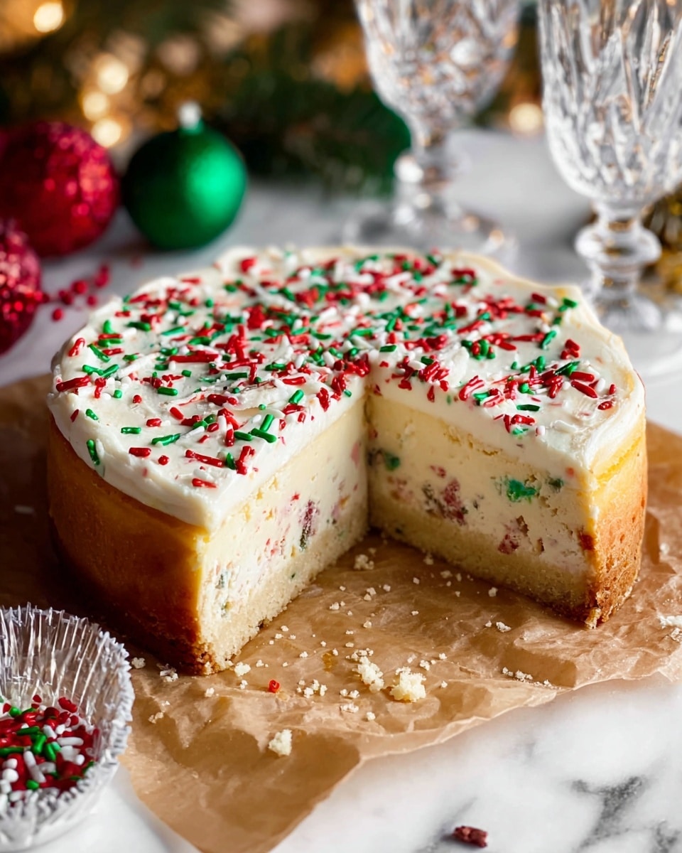 A creamy cheesecake with one thick layer, light beige in color and speckled with red and green sprinkles mixed inside the batter. The top is covered evenly with white icing and decorated with red, white, and green sprinkles scattered lightly across the surface. The cheesecake sits on a thin, golden brown crust at the bottom, visible from the cut side. The background is a white marbled texture. Photo taken with an iphone --ar 4:5 --v 7