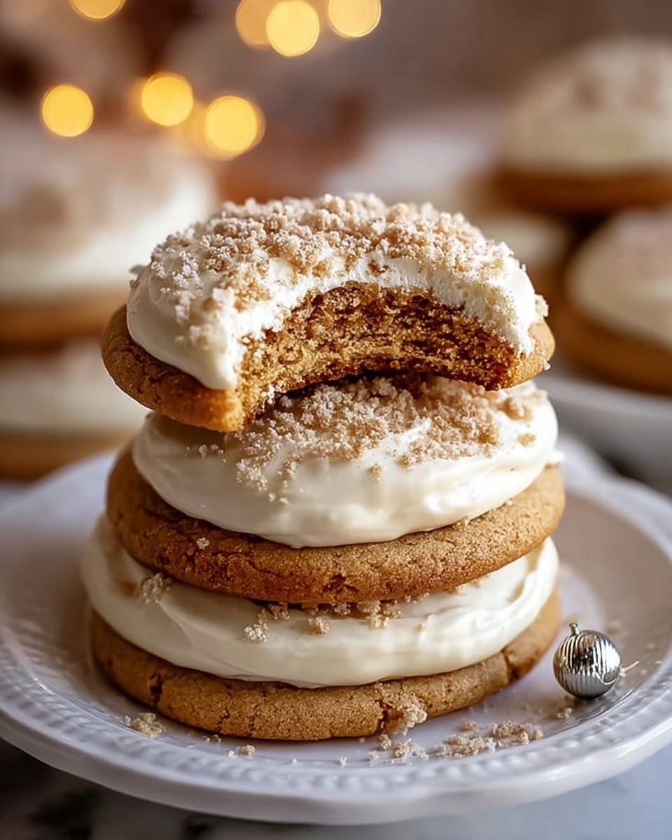 A stack of round cookies sits on a white plate with a raised edge, placed on a white marbled surface. Each cookie has two layers of golden brown, slightly cracked baked dough with a thick middle layer of creamy white frosting. On top of the frosting, there is a sprinkling of light brown crumbs and a dust of white powdered sugar. The focus is on the top cookie which has a bite taken out, showing the soft crumb and the smooth frosting inside. Warm, soft lights blur in the background, giving a cozy atmosphere. A small metallic silver bell is placed near the plate's edge. Photo taken with an iphone --ar 4:5 --v 7