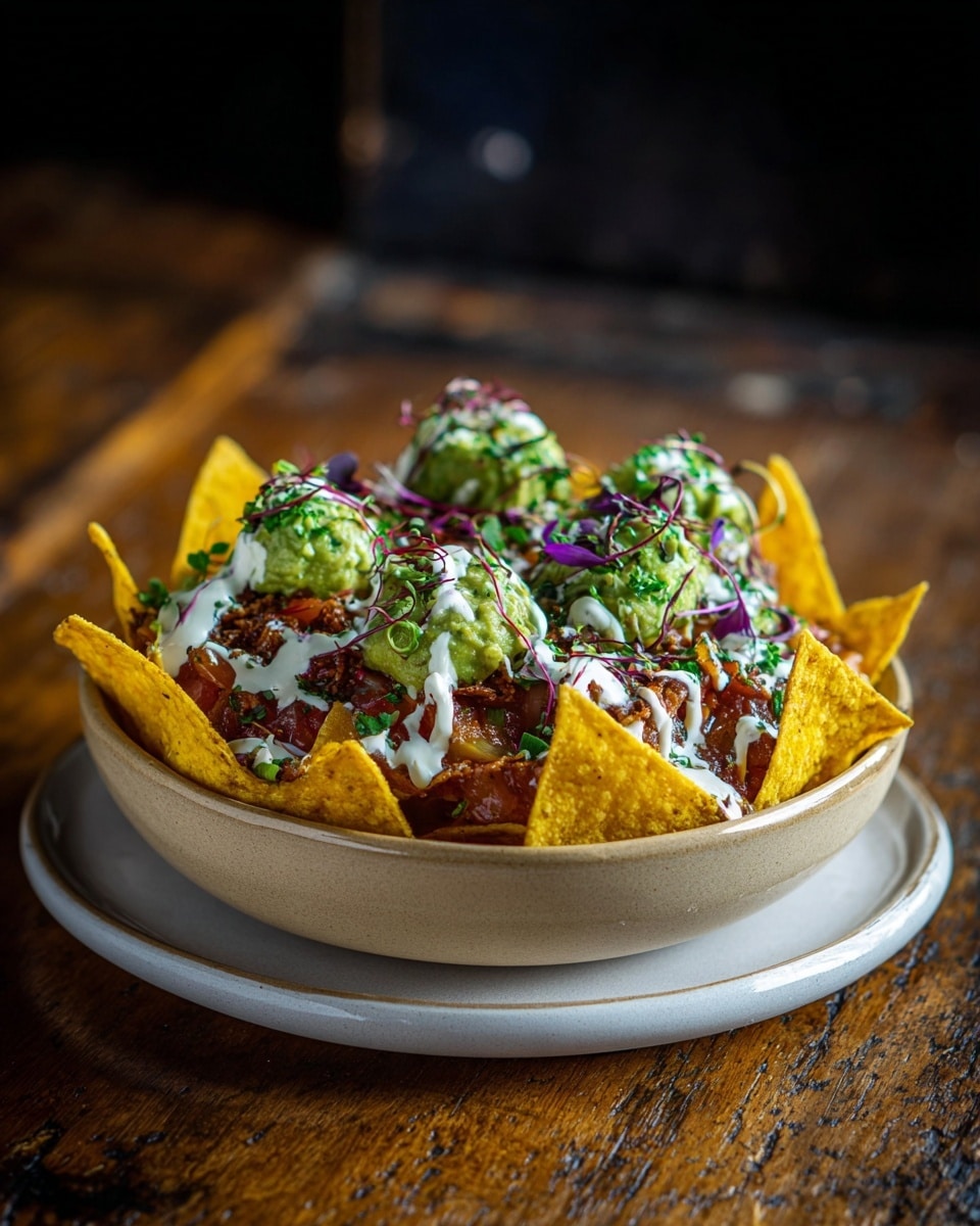 A bowl of nachos with several layers, starting from the bottom with golden yellow triangular chips arranged standing up, topped with dollops of green guacamole and white sour cream drizzled unevenly. There are small bits of red diced tomatoes scattered throughout with dark brown crispy pieces under the toppings. The dish is garnished with tiny purple leaves and finely chopped green herbs sprinkled on top. The bowl is a light beige matte ceramic placed on a white plate, all set on a rustic wooden table with a softly focused dark background. Photo taken with an iphone --ar 4:5 --v 7