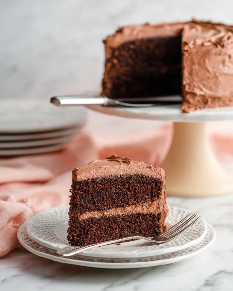 The image shows a slice of chocolate cake on a white plate with a detailed pattern, with a fork beside it. The cake slice has two thick dark brown layers of moist chocolate sponge separated by a light brown creamy chocolate frosting layer in the middle. The outer edges and top of the slice are covered with the same creamy chocolate frosting, with a smooth texture. In the background, the rest of the chocolate cake with the same two layers and frosting is visible on a white cake stand with a beige base, with a cake server next to it. The scene is set on a white marbled surface with a soft pink cloth partially visible. Photo taken with an iphone --ar 4:5 --v 7