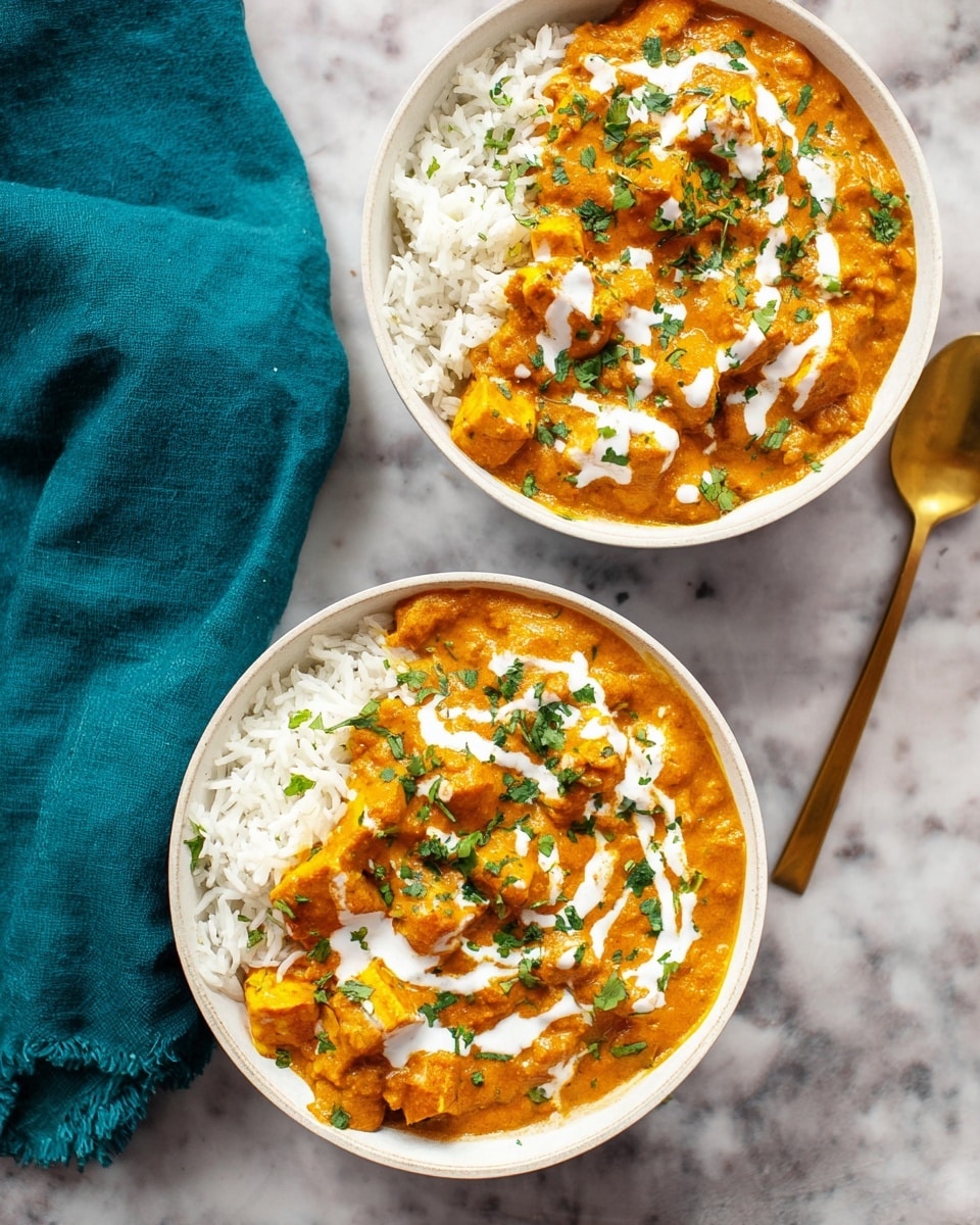 Two white bowls sit on a white marbled surface, each filled with cooked white rice topped with a thick, creamy orange curry with visible chunks of paneer. The curry is drizzled with white cream in a spiral pattern and garnished with bright green chopped herbs. One bowl has a gold spoon placed inside on the right side. A teal cloth is partially visible on the left side of the image. Photo taken with an iphone --ar 4:5 --v 7