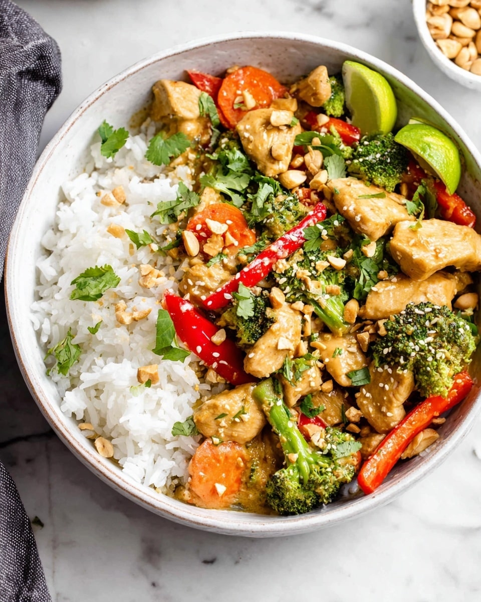 The image shows a white bowl filled halfway on the left with plain white rice, with the right side layered with a colorful chicken stir-fry. The stir-fry has chunky pieces of light golden chicken coated in a creamy sauce, bright green broccoli florets, long orange carrot sticks, and thin red bell pepper slices. The dish is topped with crushed peanuts, sesame seeds, and fresh green cilantro leaves, with a green lime wedge placed near the top right. The bowl sits on a white marbled surface, and a small white bowl with peanuts is partially visible in the background. Photo taken with an iphone --ar 4:5 --v 7