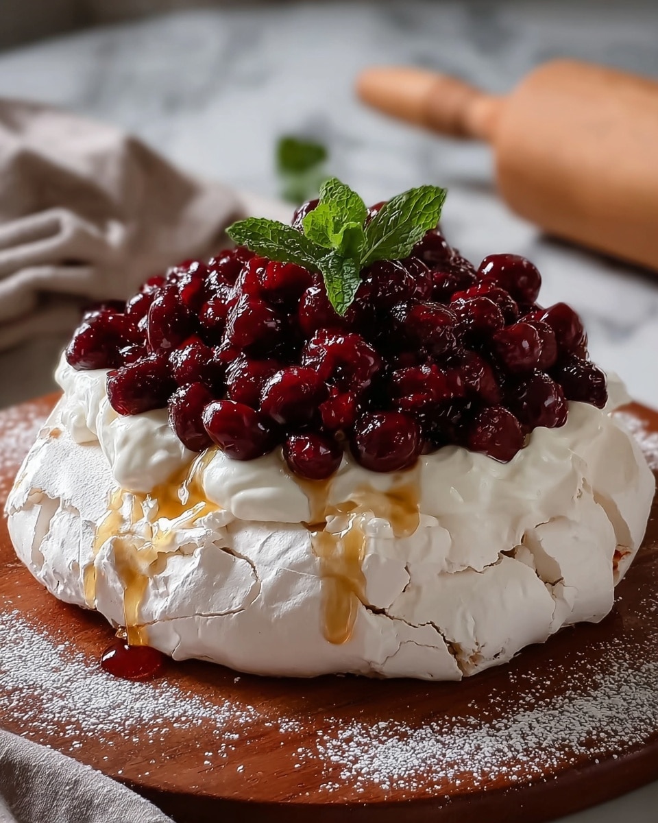 The image shows a round pavlova dessert on a white marbled surface, topped with thick layers of white whipped cream. On top of the cream, there is a generous pile of bright red and dark red berries, some with a frosty look, giving a fresh appearance. Small green mint leaves are placed evenly among the berries, adding a pop of green color. A light dusting of powdered sugar covers the berries and cream, creating a soft snowy effect. Thin lines of golden caramel sauce drip gently down the sides of the dessert, contrasting with the white cream and the berries below. The pavlova itself is visible at the bottom, showing its light, slightly cracked texture. The overall image feels fresh and homemade. Photo taken with an iphone --ar 4:5 --v 7