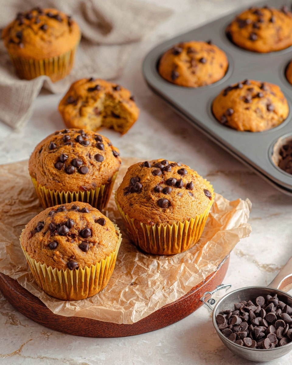 The image shows several chocolate chip muffins with a golden brown color, each topped with small, dark chocolate chips scattered unevenly across the textured, slightly cracked muffin tops. There are five whole muffins in the scene, four with yellowish paper liners, and one partially out of its liner showing a soft, moist interior with chocolate chips. The muffins sit on a crumpled piece of brown parchment paper placed on a round wooden cake stand, which contrasts with the white marbled texture surface beneath. In the background, part of a gray metal muffin tray holds three more muffins still in the mold. To the right, a small metal cup filled with dark chocolate chips adds to the visual theme of chocolate. The scene is softly lit, creating warm, inviting tones. Photo taken with an iphone --ar 4:5 --v 7