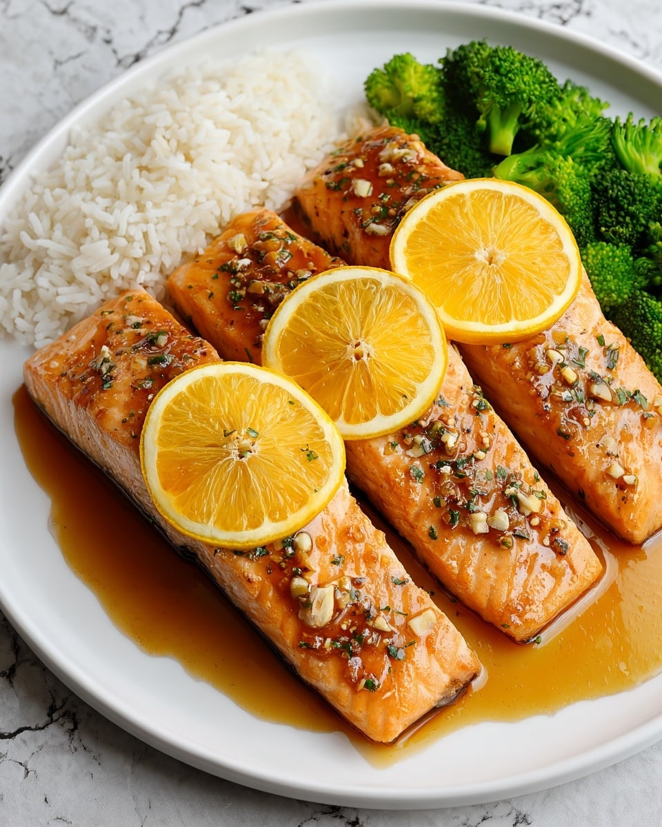 Three pieces of cooked salmon fillets are placed side by side on a white plate. Each fillet is topped with a yellow-orange slice of lemon. The salmon has a shiny, glazed texture with small bits of herbs and garlic on the surface. A brown sauce is spread below and around the fillets, creating a glossy effect. On the left side of the plate, there is a portion of white rice and bright green broccoli florets. The plate rests on a textured white marbled surface. photo taken with an iphone --ar 4:5 --v 7