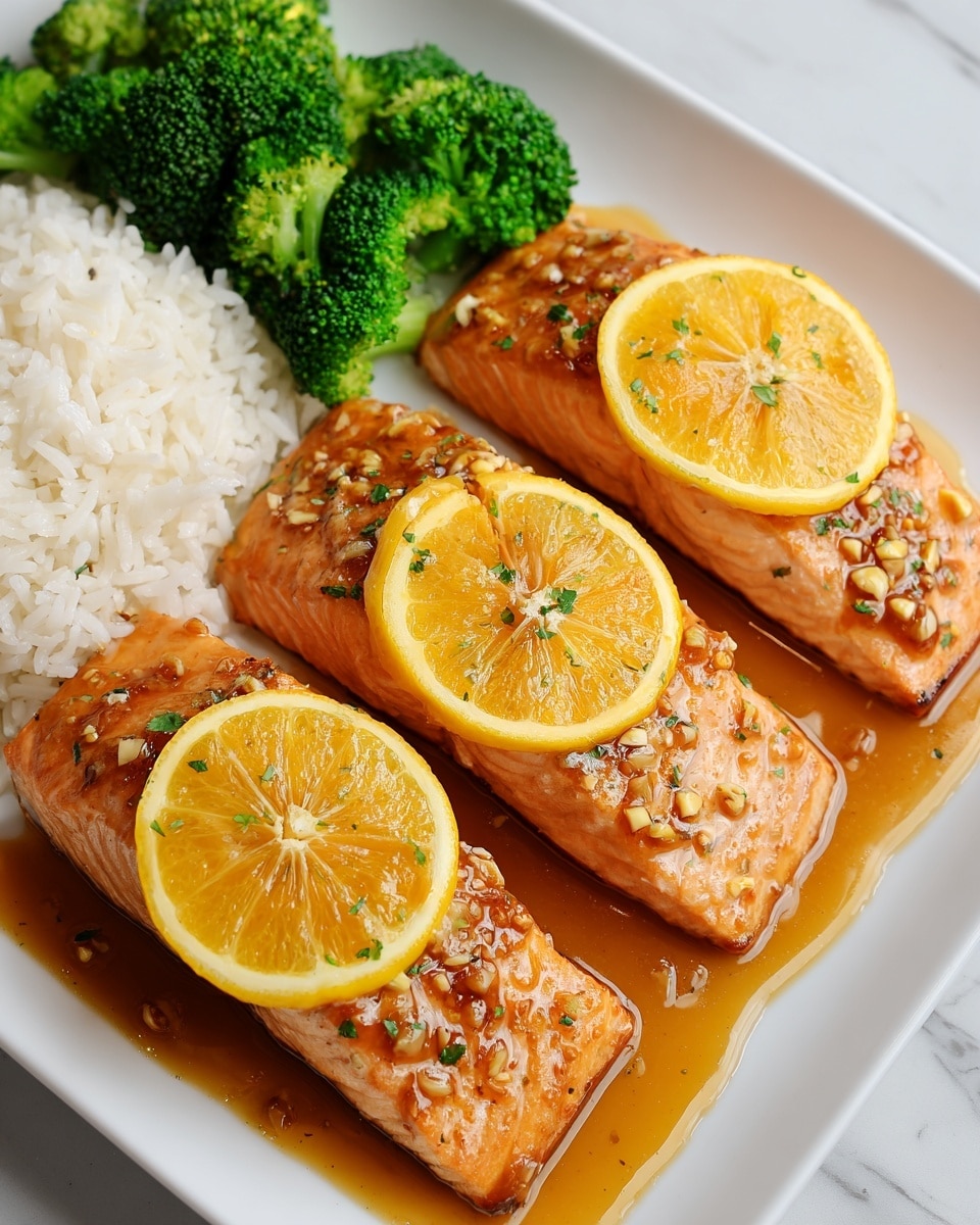A white oval plate holds three pieces of cooked salmon fillets arranged side by side, each topped with a thin round slice of bright yellow-orange lemon; the salmon has a glossy, slightly caramelized surface with visible small garlic bits and a light sauce pooling around the base. Behind the salmon, there is a small mound of white rice beside two vibrant green broccoli florets, all set on a white marbled surface. photo taken with an iphone --ar 4:5 --v 7