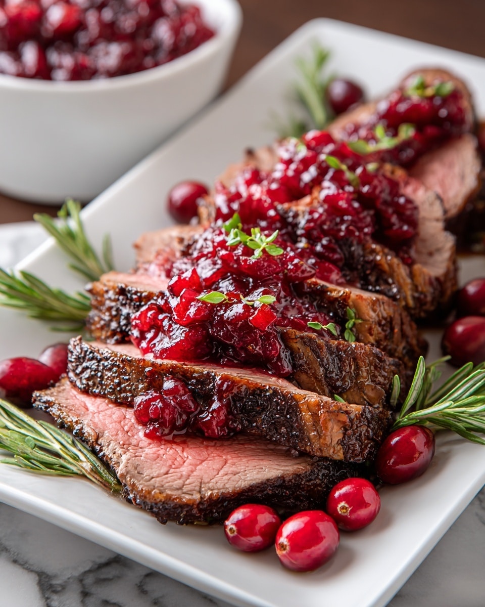 A white square plate holds six thick slices of medium-rare roast beef, showing a pink center and dark brown, almost charred crust. The beef slices are laid overlapping each other, with a bright red cranberry sauce generously spread over the top, garnished with small green herb leaves. Around the edges of the plate, there are whole fresh cranberries and sprigs of green rosemary, adding color contrast. The plate sits on a white marbled texture surface, and in the blurred background, there is a white bowl filled with more cranberry sauce. photo taken with an iphone --ar 4:5 --v 7