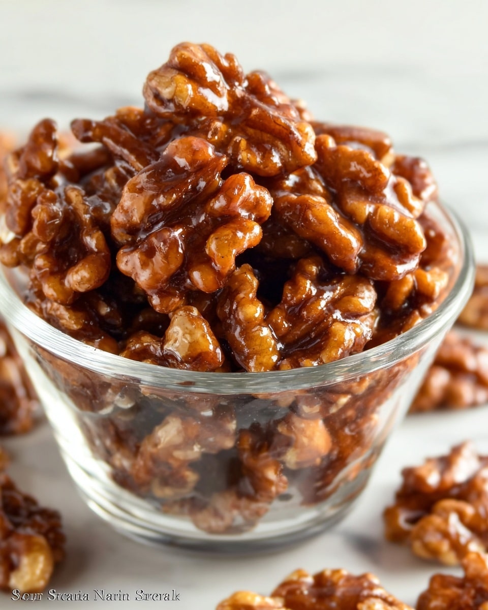 A close-up view of a clear glass bowl filled with glossy, caramelized walnuts that have a rich dark brown color and a shiny, sticky texture, showing the uneven shapes and rough surface of the nut pieces. The bowl sits on a white marbled surface, with more of the same walnuts slightly blurred in the background, highlighting the glossy coat and textured details of the nuts. photo taken with an iphone --ar 4:5 --v 7