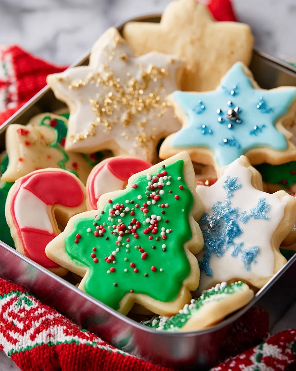 A Santa Claus-shaped ceramic mug with a red handle filled with whipped cream and topped with a green Christmas tree-shaped cookie decorated with red and white sprinkles is being held by a woman's hand above the mug. The cookie has golden dots at the base to resemble a tree trunk. The mug sits on a white marbled surface, with a red and white striped cloth nearby and blurred Christmas cookies in the background. Photo taken with an iphone --ar 4:5 --v 7