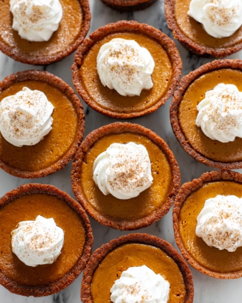 The image shows eight small pumpkin pies arranged closely together on a white marbled surface. Each pie has a golden-brown crust and smooth, deep orange pumpkin filling. On top of each pie is a dollop of white whipped cream, with one in the center having a sprinkle of light brown cinnamon or nutmeg on the cream. The pies are circular and evenly baked, with a slightly raised crust edge. photo taken with an iphone --ar 4:5 --v 7