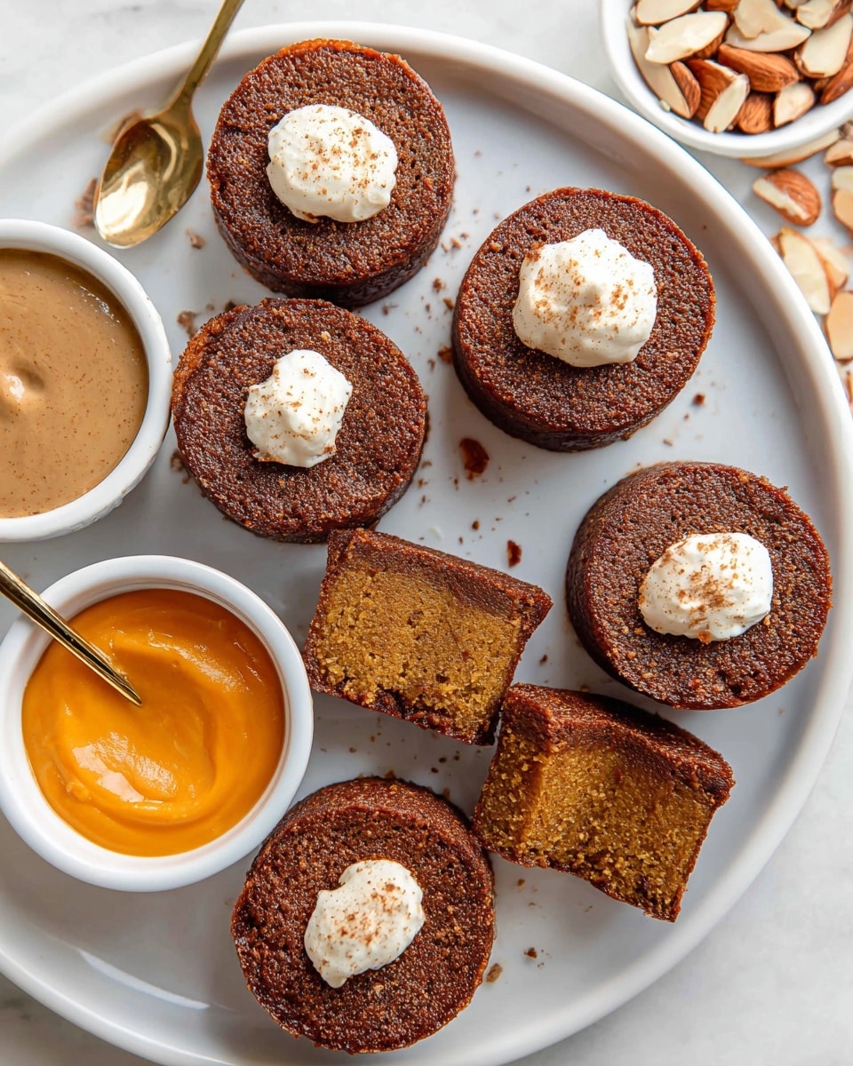 A white plate on a white marbled surface holds seven round, deep brown mini cakes with a slightly rough texture and browned edges. Five of the cakes are topped with small dollops of white cream sprinkled with a light dusting of brown spice. One cake is cut in half, revealing two inside layers: a dense, darker brown bottom layer and a lighter brown, smoother top layer. Around the mini cakes are three small white bowls, one filled with smooth, light brown sauce with a gold spoon, another with bright orange sauce, and the third with mixed sliced almonds. The whole scene is brightly lit with soft natural light. photo taken with an iphone --ar 4:5 --v 7