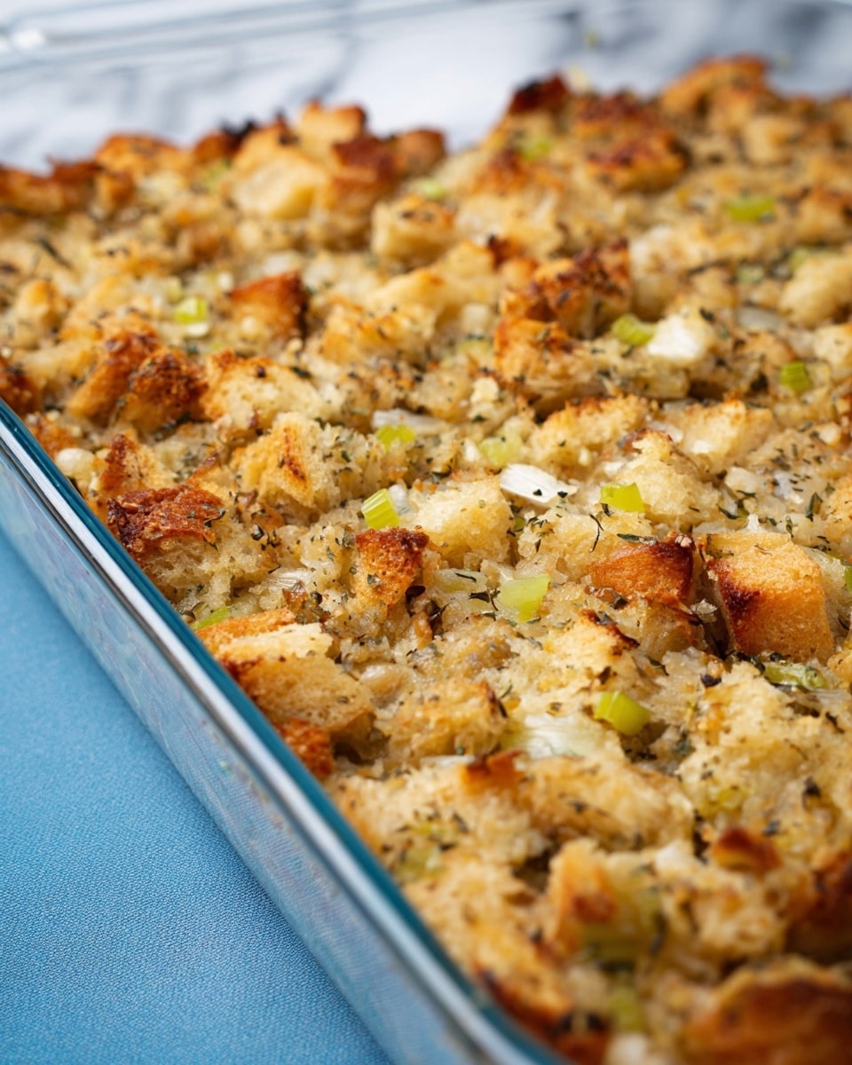 The image shows a close-up view of a baked casserole dish filled with a stuffing-like mixture. The dish has one main even layer of golden brown and light beige bread pieces mixed with small chunks of green celery, translucent onion bits, and specks of herbs, creating a textured surface with slight crisp edges along the pan. The casserole is in a clear glass baking dish placed on a white marbled textured surface with a blurred blue background. photo taken with an iphone --ar 4:5 --v 7