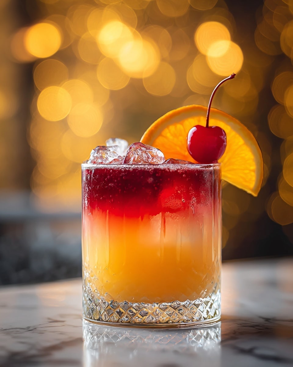 A tall clear glass with three visible layers of liquid sits on a white marbled surface. The bottom layer is a deep purple color, smooth and rich. The middle layer transitions into a bright pinkish-red shade, blending softly into the top layer, which is golden yellow with many small bubbles and ice cubes floating inside. A red cherry and an orange slice garnish the rim of the glass, with a few extra cherries and orange slices scattered around the base. The background is softly blurred with warm lights. photo taken with an iphone --ar 4:5 --v 7