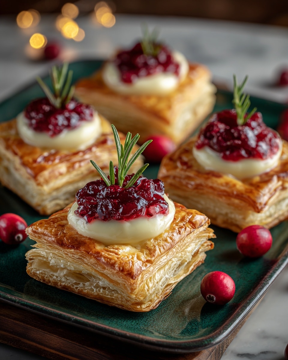 The image shows four square puff pastries on a dark green rectangular tray. Each pastry has about five golden-brown, flaky layers that look light and crispy. On top of each is a smooth, round layer of white cream, behaving like a soft base. A dollop of deep red cranberry sauce with visible berry pieces sits in the center of the cream, and a small green rosemary sprig decorates each pastry. Around the tray, bright red whole cranberries add extra color. The tray is placed on a white marbled surface with soft lighting that creates a cozy and inviting feel. photo taken with an iphone --ar 4:5 --v 7