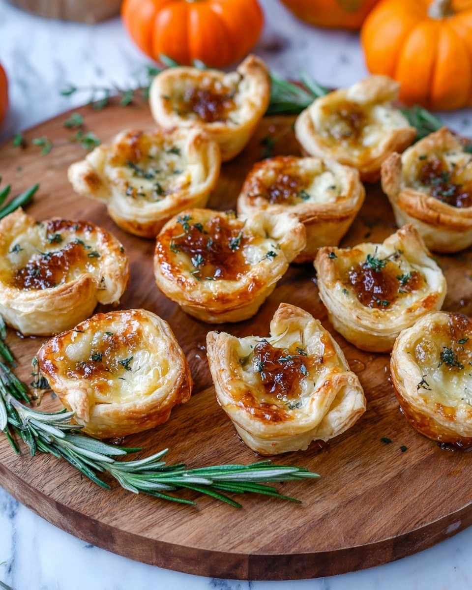 A wooden round board holds about a dozen small puff pastry cups with a light golden-brown color, showing flaky and crisp edges. Each cup is filled with melted cheese that is bubbly and slightly browned, mixed with caramelized bits that give a darker amber color inside. Green dried herbs are sprinkled over the top of each pastry, adding small dots of dark green. Fresh sprigs of rosemary, deep green and needle-like, lie scattered around the board for decoration. The background shows a white marbled surface with a couple of small round pumpkins adding warm orange tones to the scene. The pastries have a glossy shine from a honey-like drizzle that pools slightly on the board. photo taken with an iphone --ar 4:5 --v 7