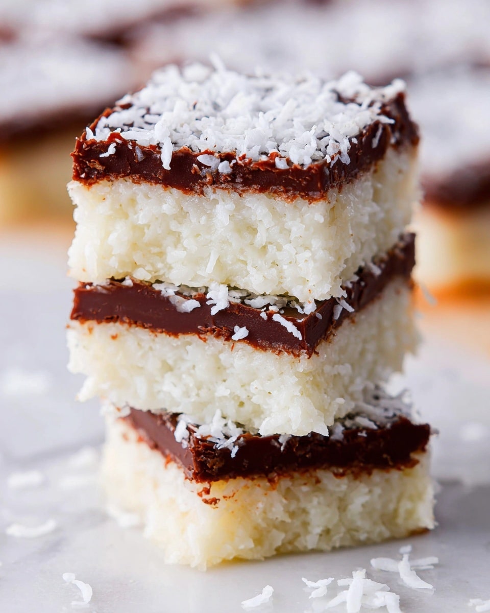 A close-up view of three square dessert bars stacked on top of each other against a white marbled textured background. Each bar has two layers: a thick, textured bottom layer of creamy white coconut, and a thin, smooth, glossy top layer of dark brown chocolate sprinkled with white shredded coconut. The desserts look soft and slightly crumbly with a neat, clean cut, and some shredded coconut pieces are scattered around the bars. Photo taken with an iphone --ar 4:5 --v 7