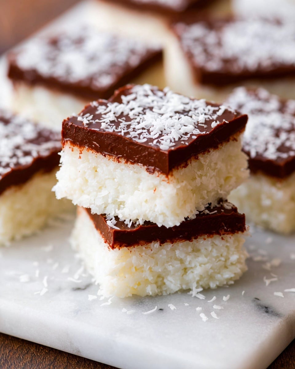 The image shows square coconut bars stacked on a white marbled surface. Each bar has two layers: the bottom layer is thick and white with a fluffy, textured coconut appearance, and the top layer is a smooth, dark brown chocolate layer sprinkled with white coconut flakes. The top chocolate layer is thinner than the coconut base. The bars are cut into clean, sharp-edged squares, and there are some scattered coconut flakes around the bars on the white marbled surface. photo taken with an iphone --ar 4:5 --v 7