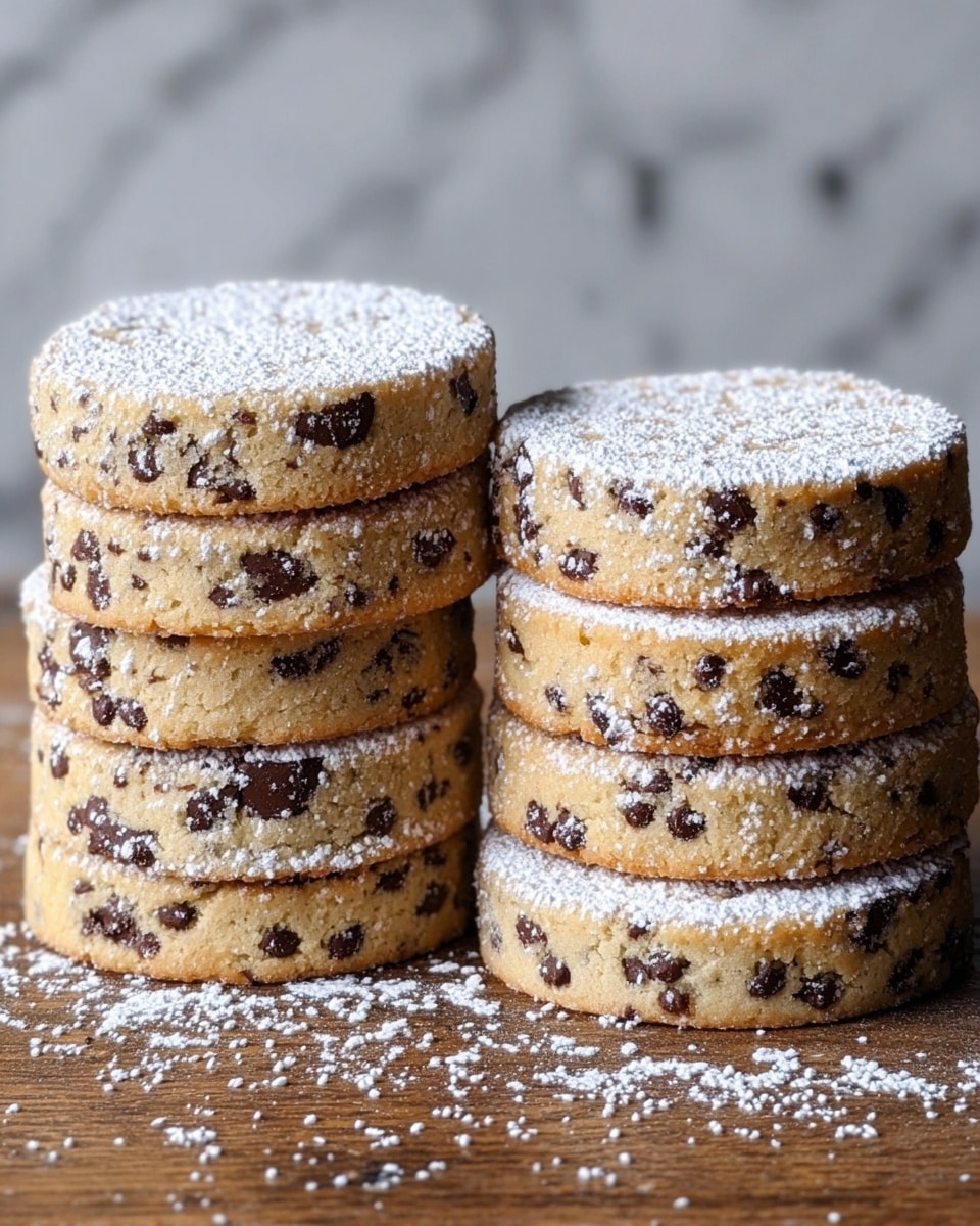 The image shows two tall stacks of round chocolate chip cookie dough pieces, each stack having seven thick, light brown slices filled with dark chocolate chips. The cookies have a soft, slightly rough texture and some are dusted lightly with white powdered sugar on top. The stacks stand close together on a white marbled surface, and there is a small sprinkle of powdered sugar around them. The overall look is warm and delicious, highlighting the chunky chocolate chips inside the dough. Photo taken with an iphone --ar 4:5 --v 7