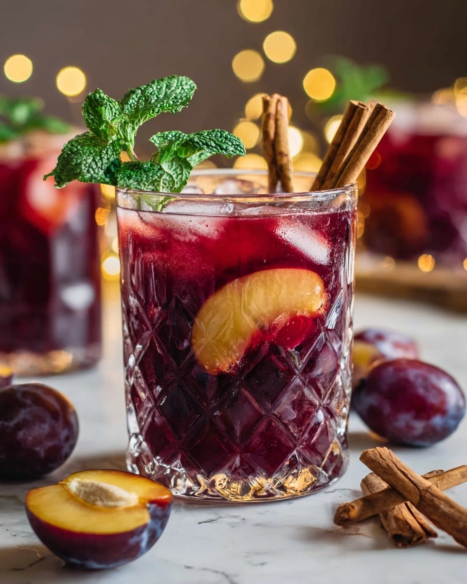 A clear glass with a diamond pattern holds a dark red drink filled with ice cubes and slices of red plum floating on top. The drink is garnished with two cinnamon sticks and a fresh green mint sprig placed upright on the rim. Around the glass on a white marbled surface, there are whole and halved plums with shiny purple skin and exposed yellow flesh, as well as a few sticks of cinnamon lying close by. In the softly blurred background, there are more glasses filled with the same dark red drink, warm yellow lights glowing gently. photo taken with an iphone --ar 4:5 --v 7