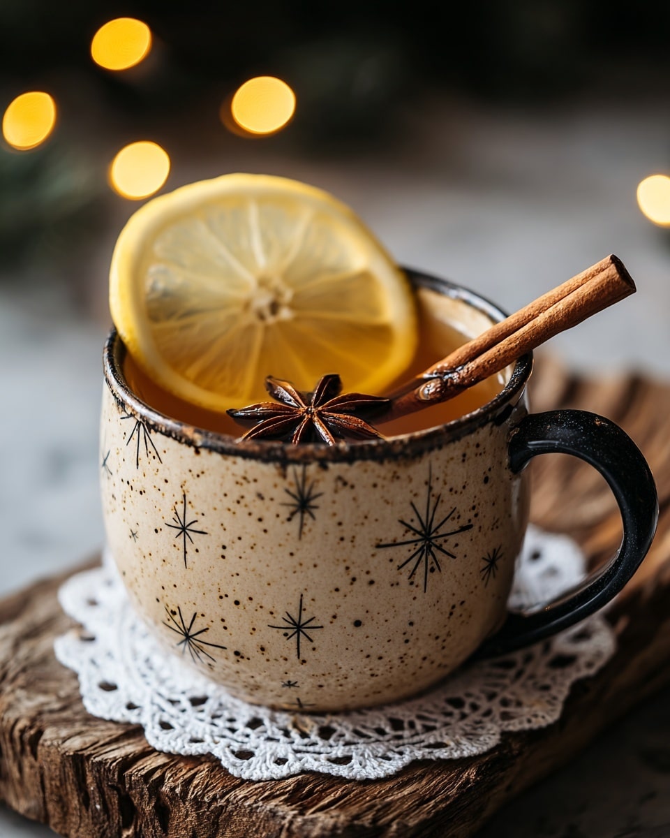 A speckled beige cup with black star patterns holds a warm golden tea. The tea is topped with a thin lemon slice resting on one side and a dark brown star anise floating near it. A cinnamon stick leans inside the cup, partially submerged on the left side. The cup sits on a wooden slice layered with a cream lace doily, with small spices scattered around the base. The background shows soft warm lights blurred softly, all on a white marbled surface. Photo taken with an iphone --ar 4:5 --v 7
