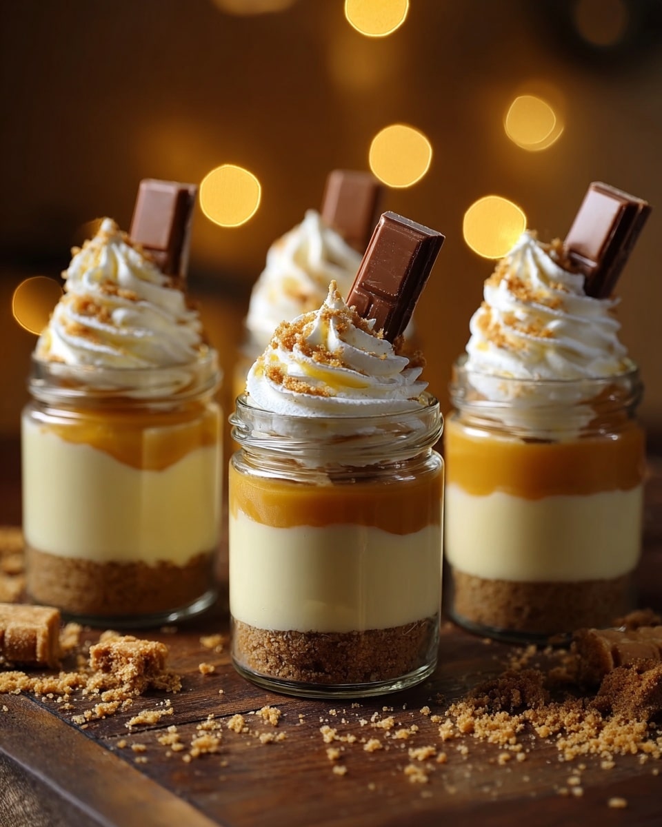 Four small glass jars each have three layers of dessert visible: the bottom layer is a crumbly, brown biscuit base, the middle layer is smooth and pale cream-colored custard, and the top layer is a shiny, golden caramel sauce. Each jar is topped with a large swirl of white whipped cream sprinkled with crushed biscuits. Two of the jars have a rectangular piece of milk chocolate placed vertically into the whipped cream. The jars rest on a dark wooden surface with crushed biscuit crumbs scattered around, set against a soft, warm background with round blurry lights. photo taken with an iphone --ar 4:5 --v 7