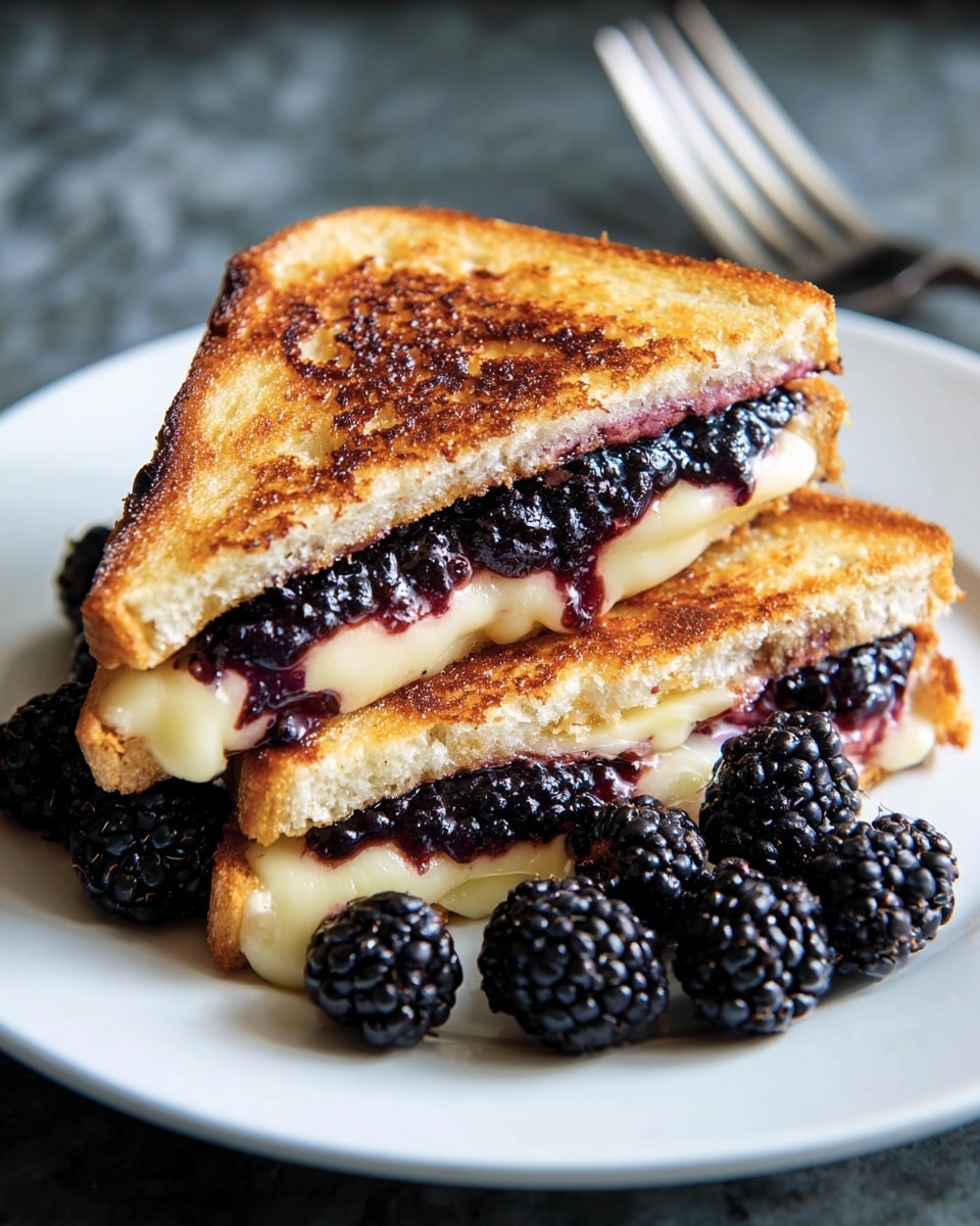 A grilled sandwich cut in half diagonally shows two toasted bread slices with a golden brown, slightly crispy texture on the outside. Inside, there are two layers: a creamy, light yellow cheese layer and a thick, dark purple jam or fruit filling with visible berry pieces, oozing slightly at the edges. The sandwich halves are stacked slightly askew on a white plate, with several fresh blackberries placed around them at the front. The background is a white marbled texture, and a silver fork is softly blurred in the back right corner. Photo taken with an iphone --ar 4:5 --v 7