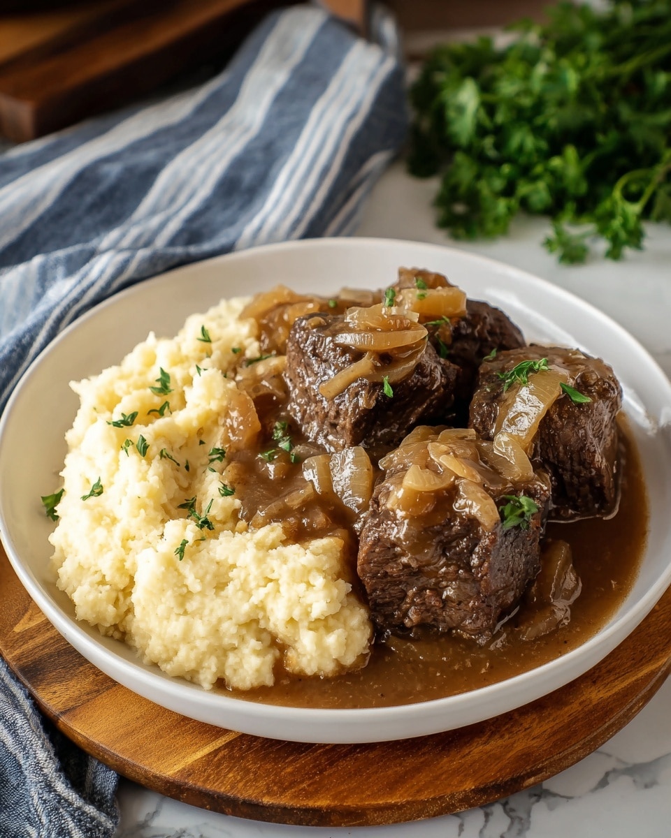 A white plate sits on a wooden board with two main layers: on the left side, there is a creamy, light beige mashed texture, and on the right side, several large dark brown chunks of slow-cooked meat covered in a glossy brown onion sauce with translucent cooked onion pieces are piled. The meat is garnished with small fresh green herb leaves on top. The plate is placed on a white marbled surface next to a blue and white striped cloth and some green herbs in the background. photo taken with an iphone --ar 4:5 --v 7