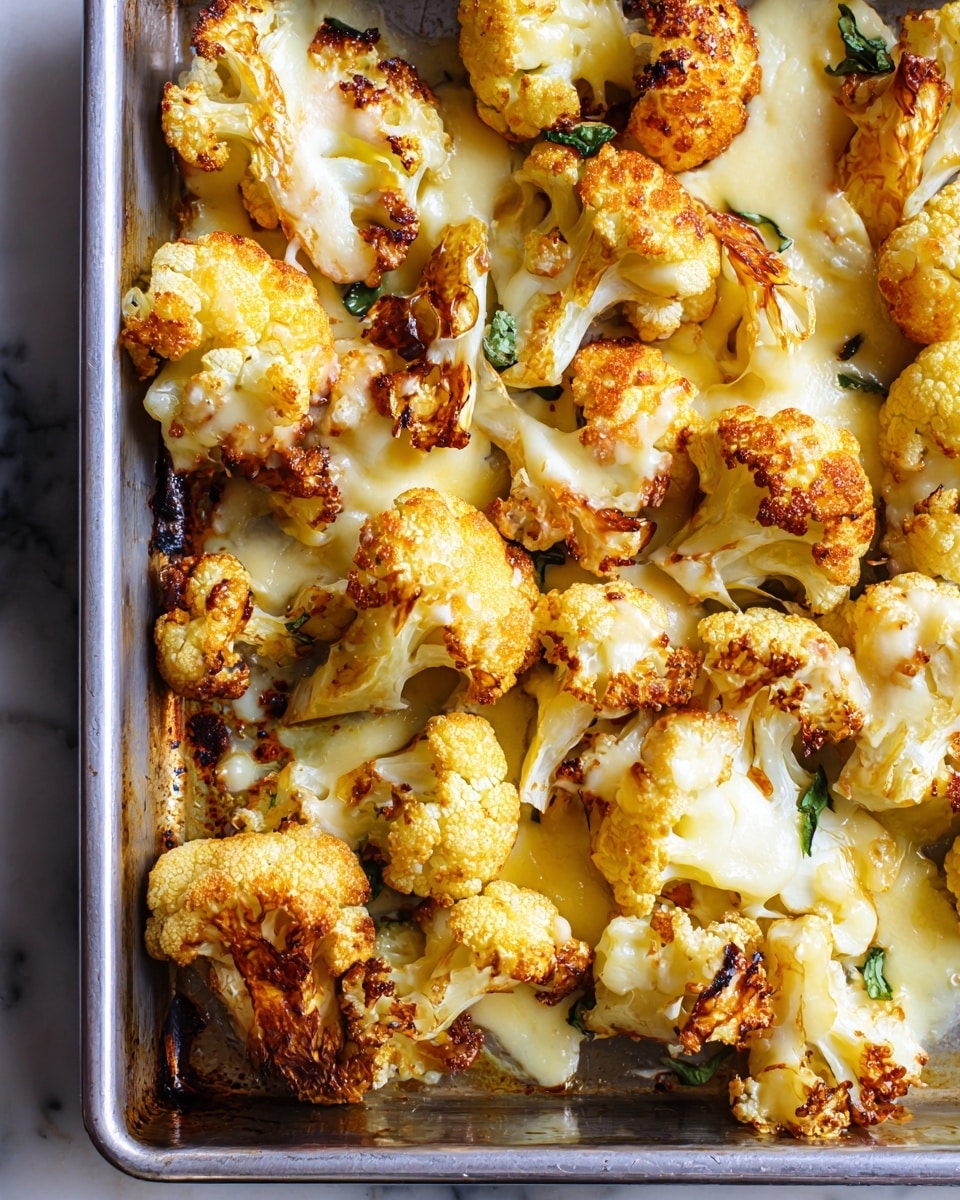 A tray filled with roasted cauliflower pieces topped with melted cheese, showing a mix of golden yellow and browned crispy edges on the cauliflower florets. The cauliflower is cut into medium-sized chunks with a slightly charred texture on top, and the cheese is melted smoothly underneath and around the florets, creating a creamy layer with some browned spots. Small green herbs are scattered lightly on top, adding a touch of color. The tray is metallic and sits on a white marbled surface. photo taken with an iphone --ar 4:5 --v 7