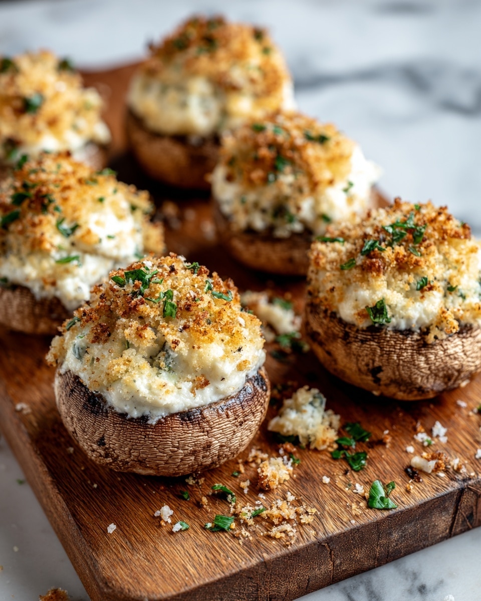 Six stuffed mushrooms are placed close together on a wooden board with a warm brown tone and visible grain. Each mushroom has three layers: the bottom is the round, textured, medium brown mushroom cap; the middle is a thick, creamy white cheese filling softly overflowing the edges; the top layer is golden brown toasted breadcrumbs with green herb bits sprinkled over for color contrast. Small crumbs and chopped herbs are scattered around on the board. The background shows a white marbled surface. Photo taken with an iphone --ar 4:5 --v 7