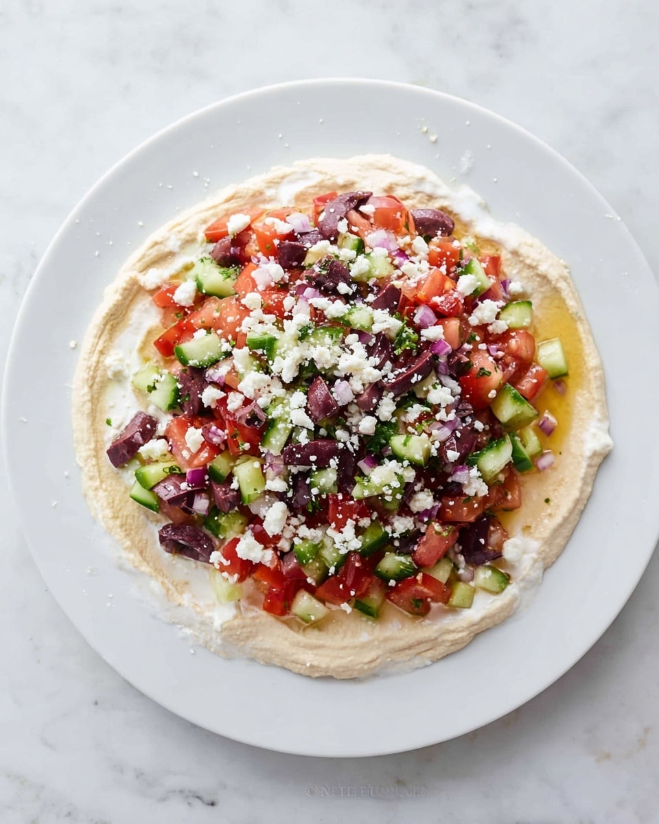 A white plate holds a dish with three visible layers starting from the bottom: a thin spread of white creamy sauce that slightly spreads out unevenly, a thicker, smooth beige layer of hummus in the center covering most of the plate's middle, and on top, a colorful mix of diced bright red tomatoes, small green cucumber cubes, small chopped purple onions, and sliced dark purple olives scattered evenly; small white crumbles of feta cheese are sprinkled generously over the top. The plate rests on a white marbled surface. Photo taken with an iphone --ar 4:5 --v 7