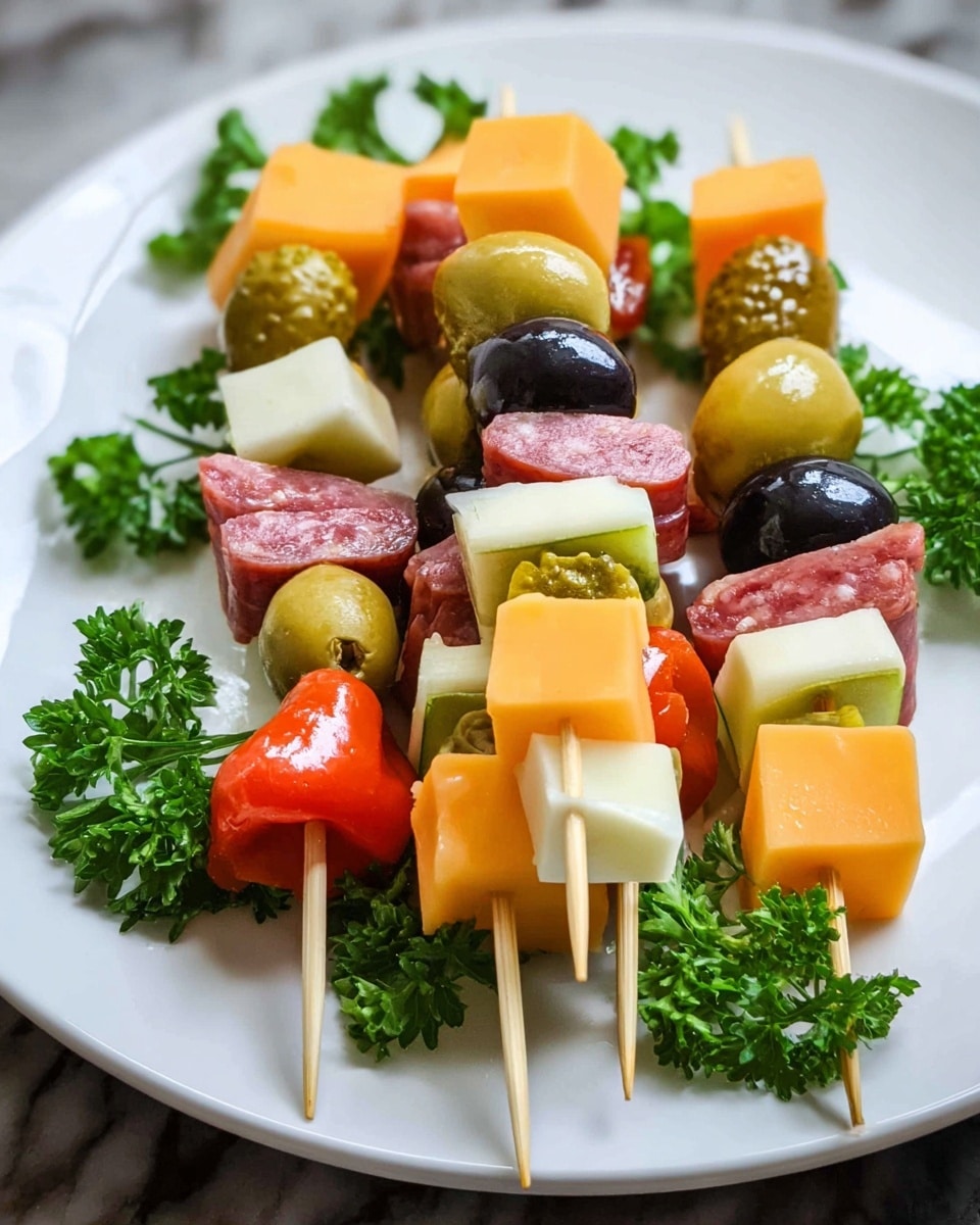 The image shows several small skewers arranged closely on a white plate, each skewer holding multiple layers of different foods. The layers include orange cubes of cheddar cheese, white cubes of another cheese, green olives, dark black olives, small whole pickles with textured skin, folded slices of reddish-pink salami, and bright red pimento-stuffed peppers. The plate is decorated with fresh green parsley around the edges. The colors are vivid with a mix of yellow-orange, green, black, red, and white, showcasing a variety of textures from smooth cheese to wrinkled pickles and soft folded meat. The plate sits on a white marbled texture surface. Photo taken with an iphone --ar 4:5 --v 7
