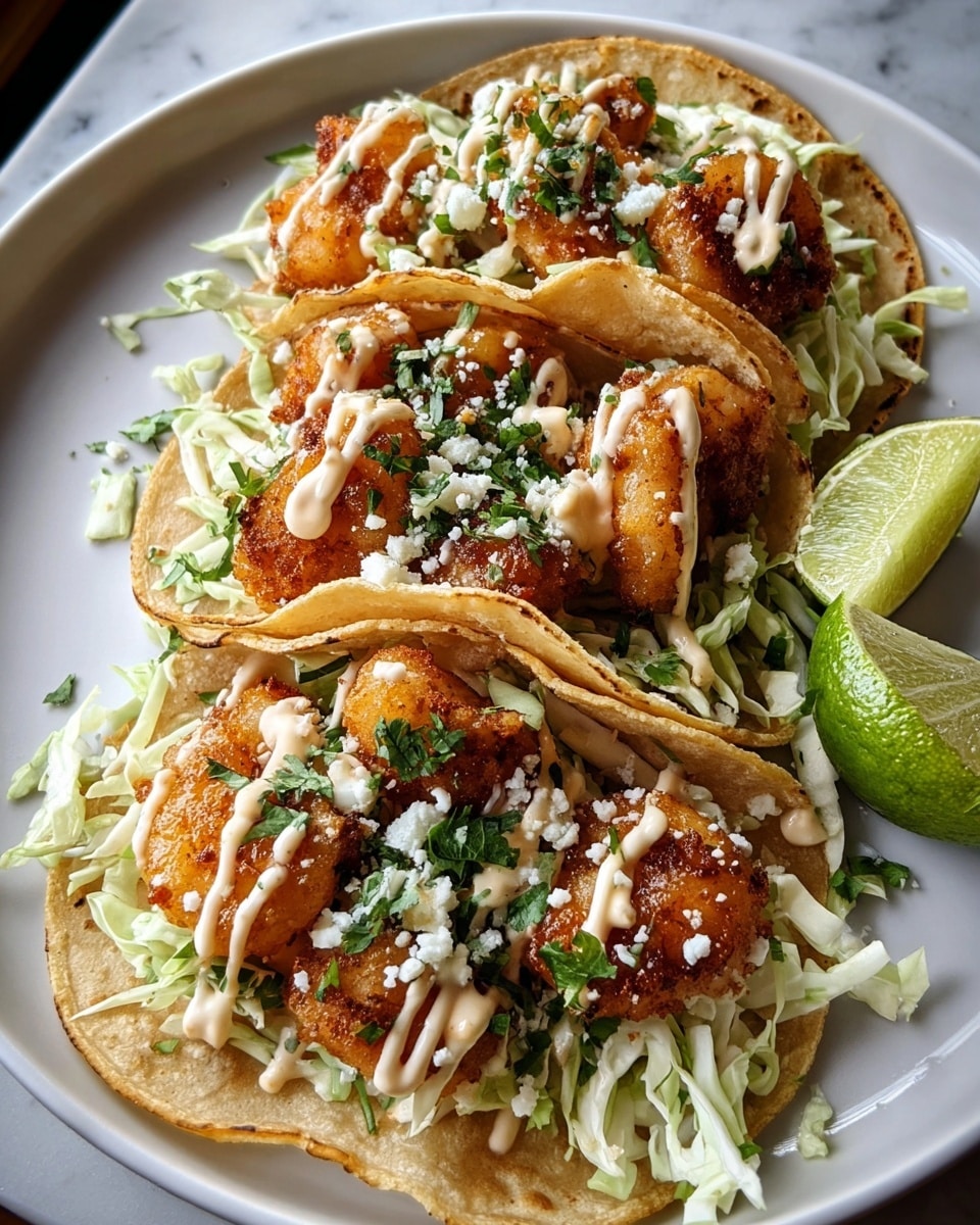Three tacos are arranged on a large white plate set on a white marbled surface. Each taco has a soft, lightly toasted corn tortilla base holding a layer of shredded pale green cabbage. On top of the cabbage are golden brown, crispy fried shrimp pieces, drizzled with a light creamy sauce. The tacos are sprinkled with finely chopped green cilantro and white cheese crumbles. A halved lime with bright green skin and juicy interior rests on the edge of the plate, adding a fresh touch. photo taken with an iphone --ar 4:5 --v 7