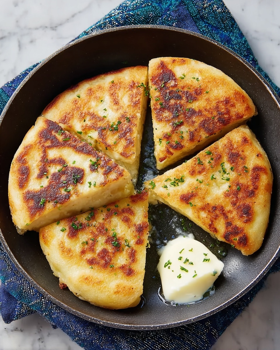 A dark round pan holds five golden brown fried cheese breads cut into triangular shapes, showing a lightly crispy, browned outer layer with a soft, creamy inside; the breads are sprinkled with small green herbs on top, and a small white dollop of melting butter or cream sits near the breads in the pan. The pan rests on a blue patterned cloth over a white marbled surface. photo taken with an iphone --ar 4:5 --v 7