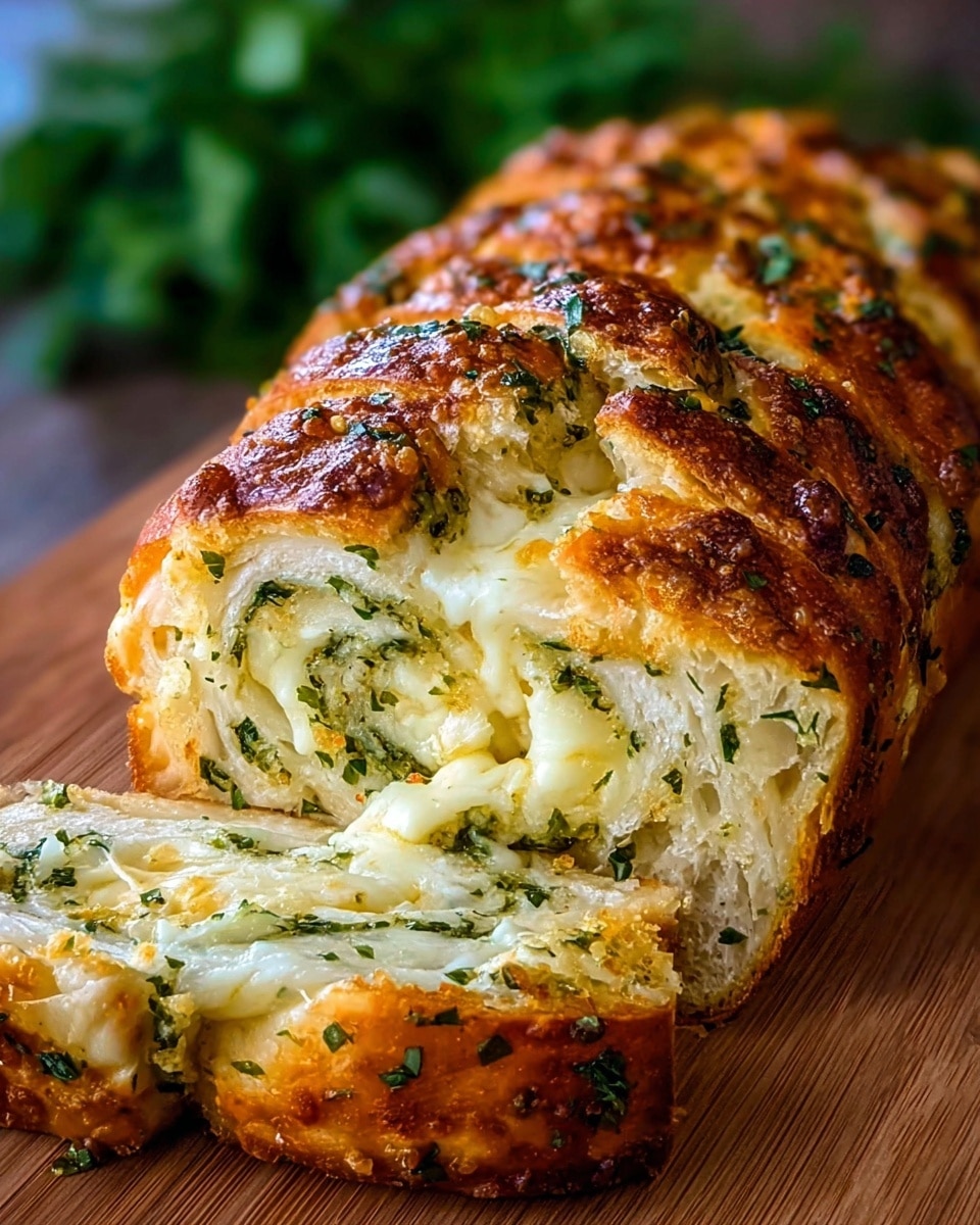 A close-up of a golden-brown garlic bread loaf showing about four layers: the top crispy crust with a shiny, herb-speckled surface, underneath soft dough layers filled with melted cheese and chopped green herbs visible swirling inside the soft, creamy white interior. The bread is sliced partially, revealing the gooey cheese and herb mix inside, all resting on a wooden cutting board with a blurred green leafy background. Photo taken with an iphone --ar 4:5 --v 7