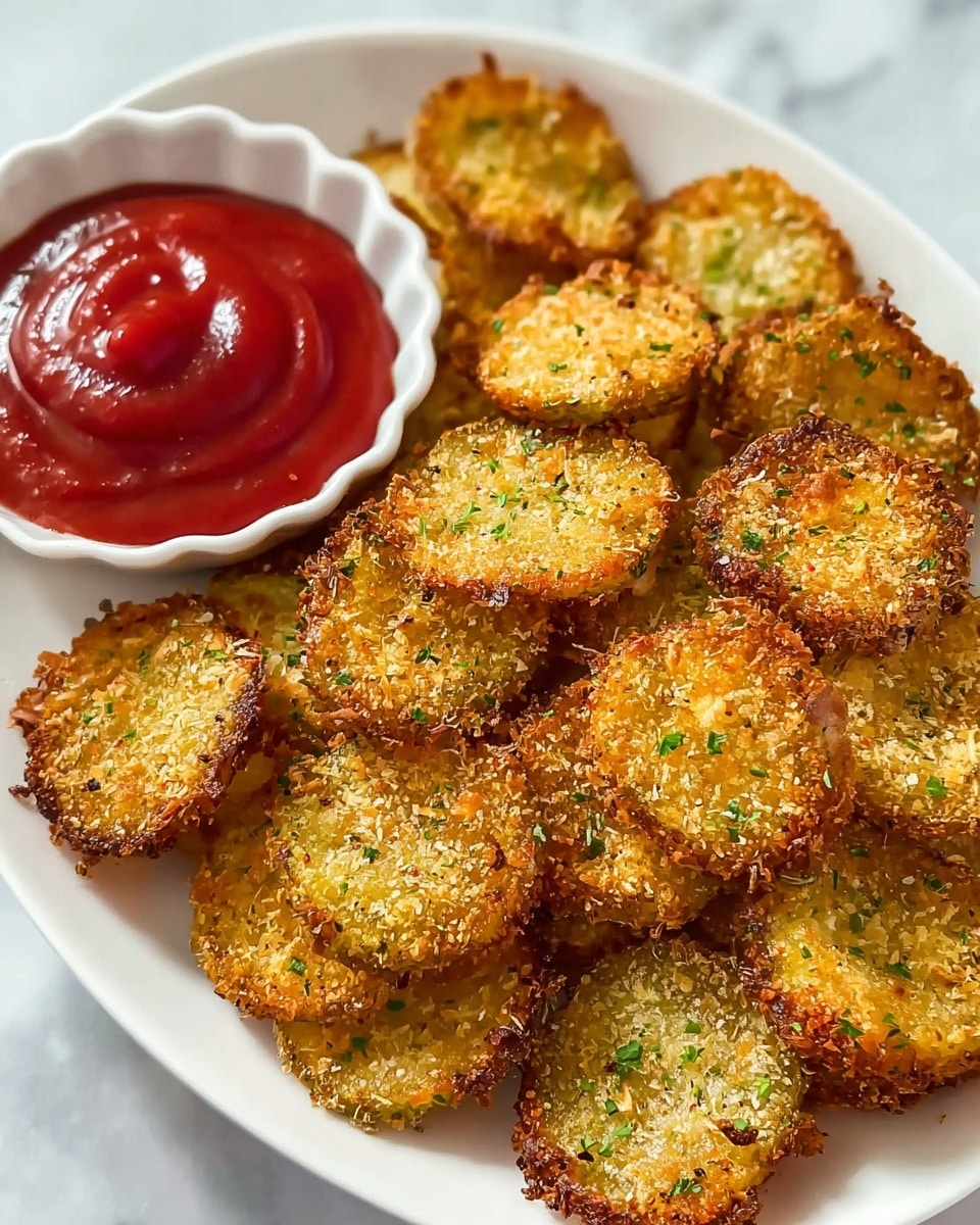 A white oval plate filled with a pile of crispy golden-brown round slices, each coated with a crunchy textured crust with small green herb flecks sprinkled on top; the slices are unevenly stacked, showing their crispy edges and slightly browned surface. On one side of the plate, there is a small white scalloped bowl filled with thick smooth bright red ketchup. The entire scene is set against a white marbled textured background. photo taken with an iphone --ar 4:5 --v 7
