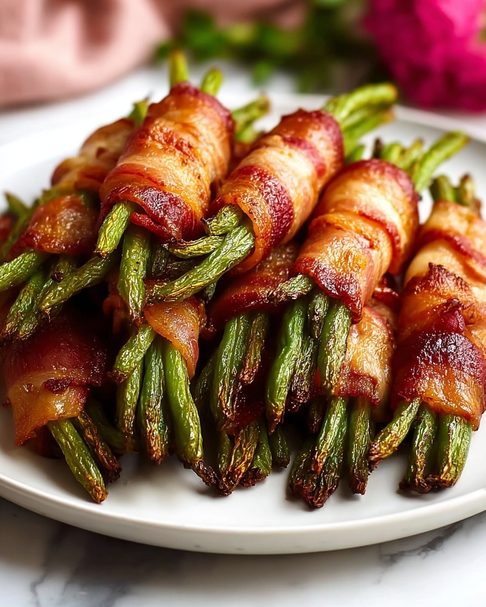 The image shows many bundles of green asparagus tightly wrapped in crispy, shiny bacon strips, arranged closely together on a smooth white plate. Each bundle has about three to five thin asparagus stalks with their tips green and slightly roasted, peeking out from the reddish-brown bacon that glistens with a cooked, slightly oily texture. The plate sits on a white marbled surface with blurred green and pink colors in the background. photo taken with an iphone --ar 4:5 --v 7