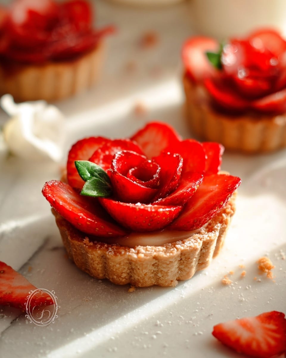 The image shows small tartlets with three main layers: the bottom layer is a light brown, crumbly tart shell, the middle layer is hidden but implied to be a filling, and the top layer is thin slices of bright red strawberries arranged in the shape of a rose, with small green leaves placed near the base of each tart. The tartlets are placed on a white marbled surface, with some loose strawberry slices and crumbs scattered around. The background is softly blurred with light and warm tones. Photo taken with an iphone --ar 4:5 --v 7